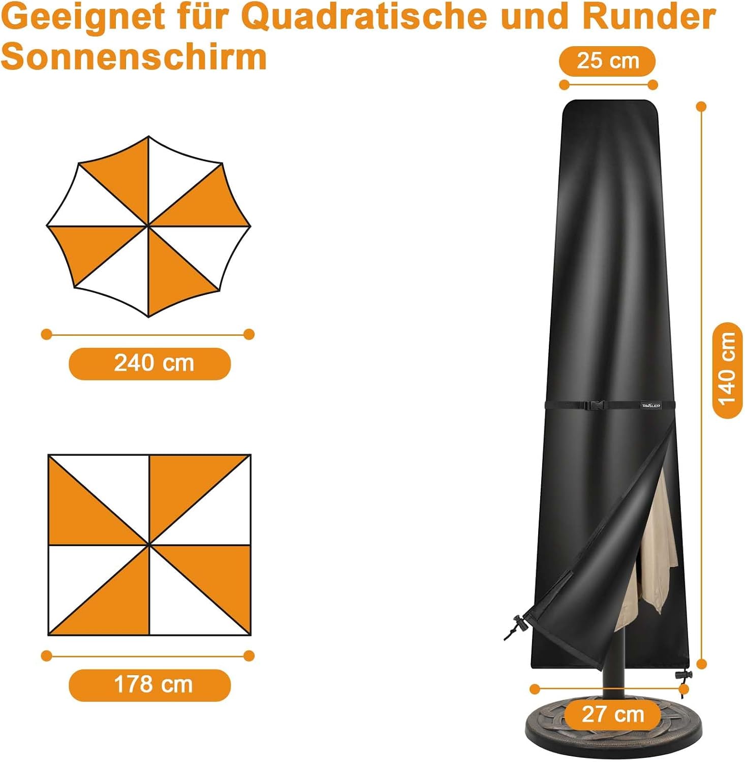 Detalle 2 de Tavaler Sonnenschirm-Schutzhülle 3 m für Ampelschirm (420D Oxford, wasser- und UV-schutz) – 265 × 40/70/50 cm