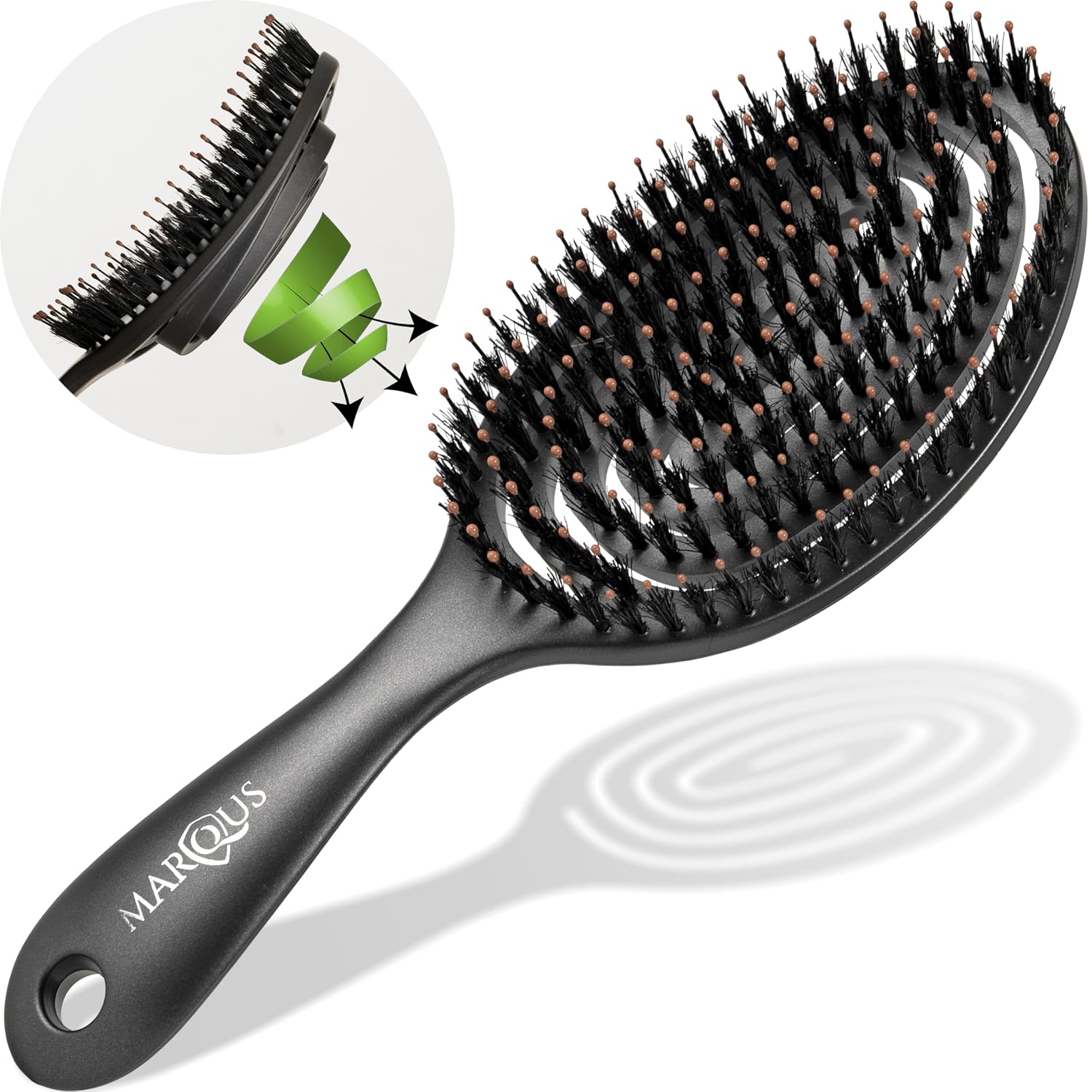 marQus Bio Haarbürste mit Wildschweinborsten (Detangler, Doppelspiralfeder) – nass & trocken
