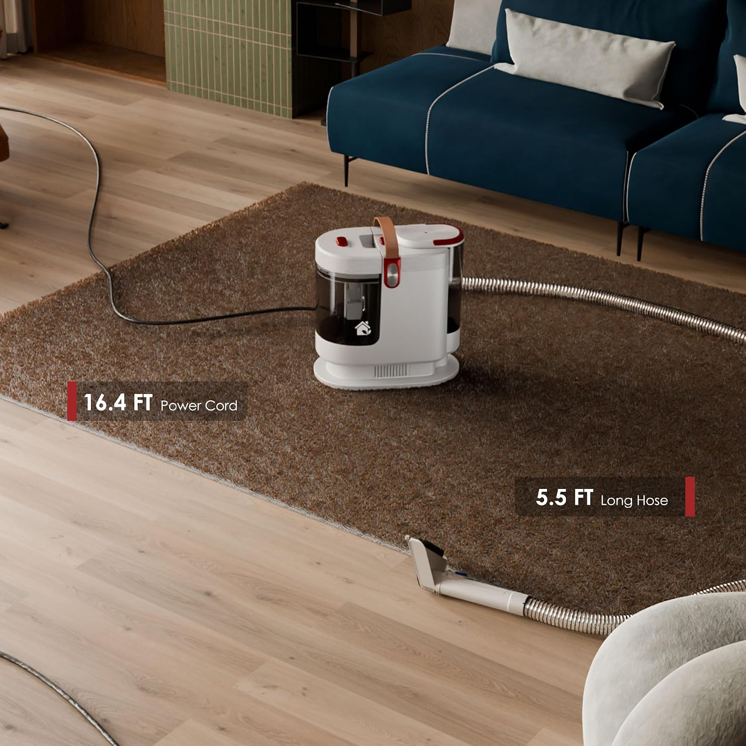 Detalle 2 de WURESE DY-508B Portable Carpet Spot Cleaner, 500W, Dual Tanks, Red