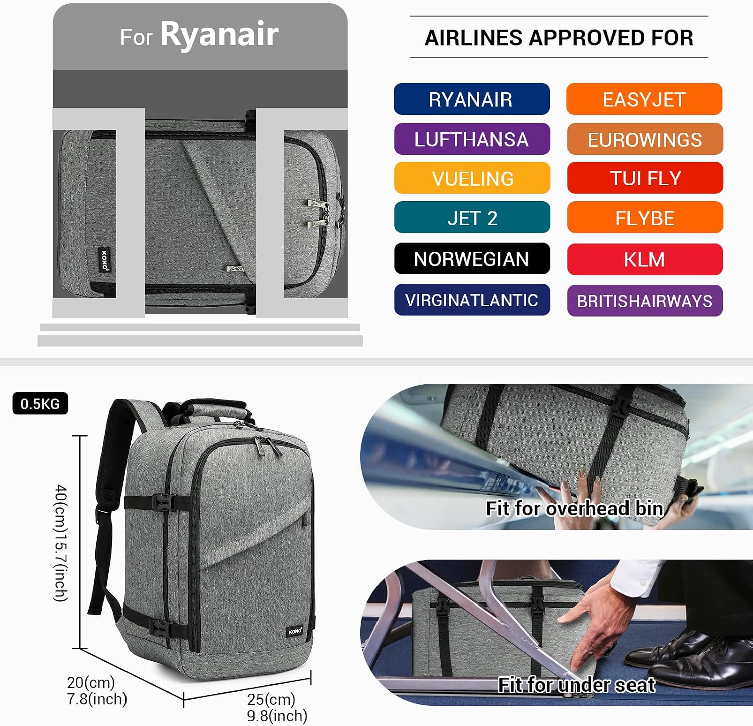 Thumbnail 1 de Kono 20L Travel Backpack in Grey with Padded 15.6-inch Laptop Compartment
