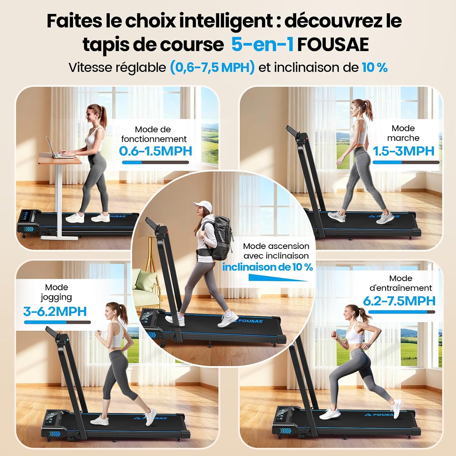 Detalle de FOUSAE Tapis de Course 5 en 1 — pliable, 12 programmes HIIT prédéfinis, inclinaison 9%, 12 KM/H, moteur silencieux 2,75 CV
