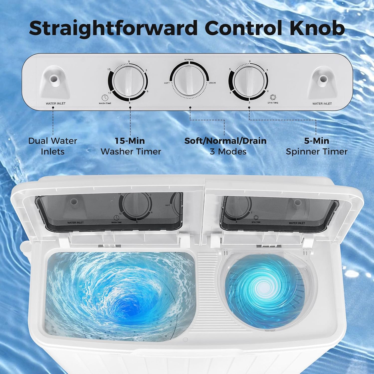 Detalle de COSTWAY 24961-CYPE Portable Twin-Tub Washer, 20 lb Capacity, Timer Controls