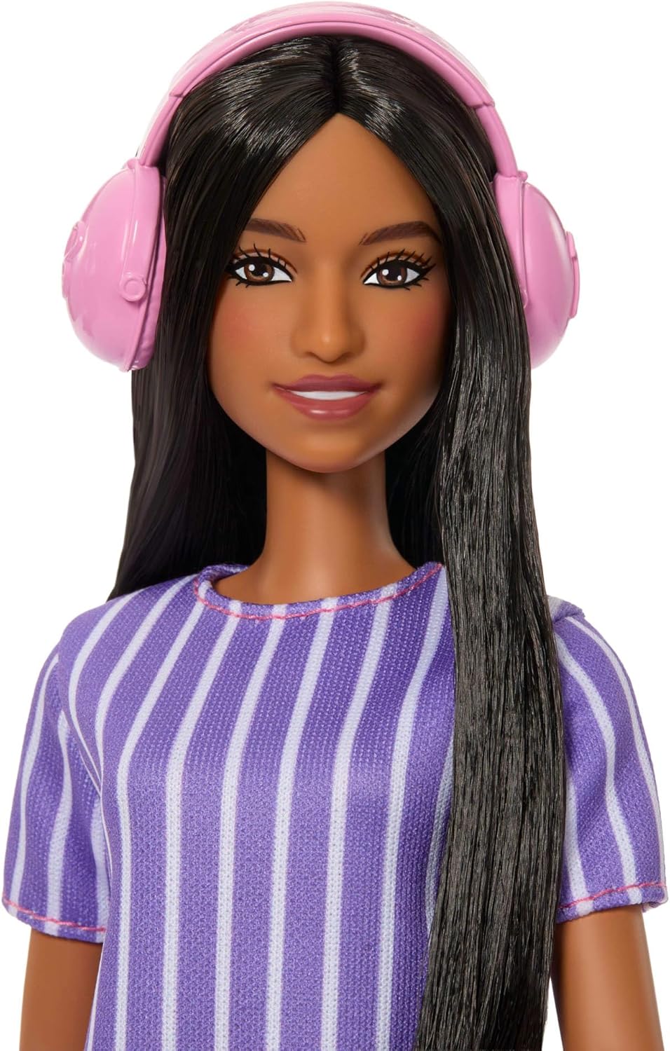 Detalle de Barbie Fashionistas Puppe Nr. 245 – Autistische Barbie mit violett gestreiftem Kleid und Zubehör (JJN58)