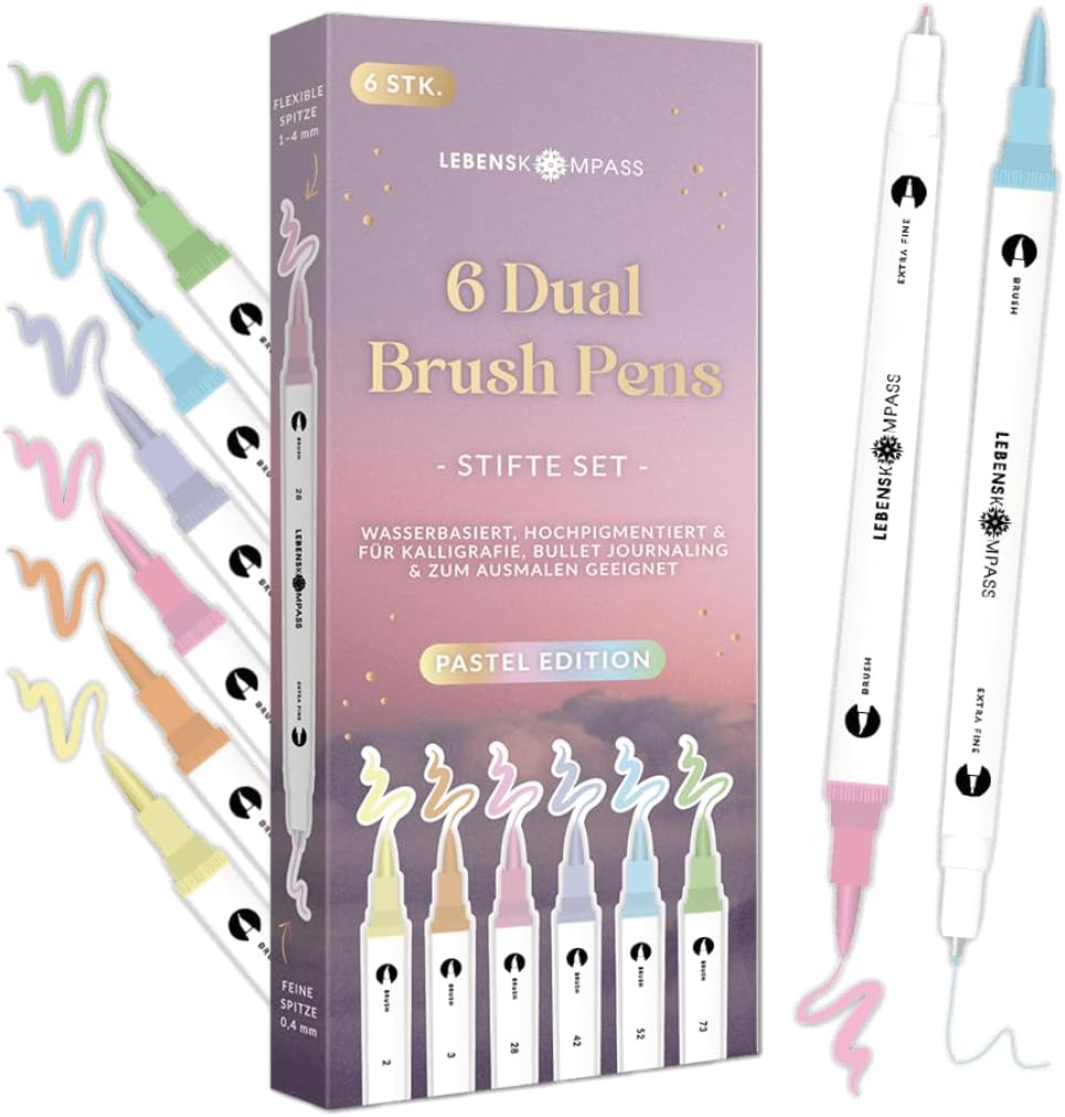 Detalle de LEBENSKOMPASS® Brush Pen Set Pastel – 6 Pastell-Stiftsets für Handlettering, Ausmalen & Bullet Journal (Dual Tip)