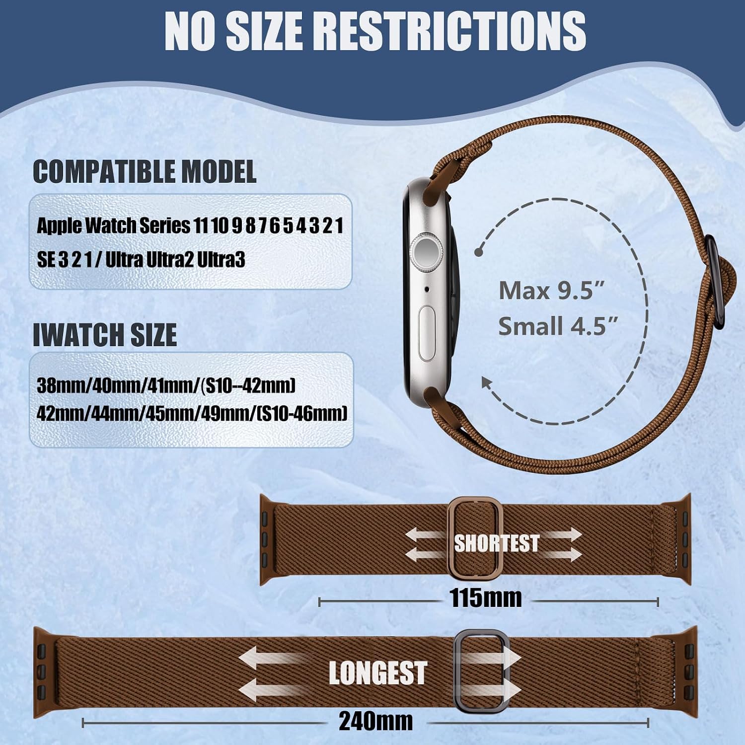 Detalle de Ynitec Stretchy Straps for Apple Watch – Elastic Nylon Loop, 38–42mm, for Series 11 to Ultra, Brown