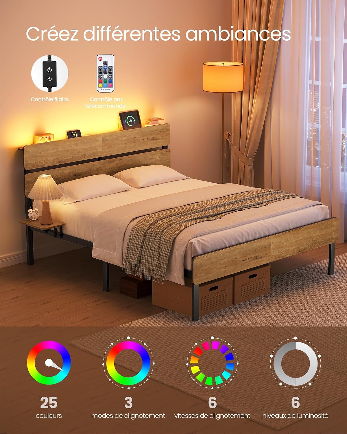 Detalle 2 de VASAGLE Cadre de lit 140 x 190 avec sommier métal RMB103K01