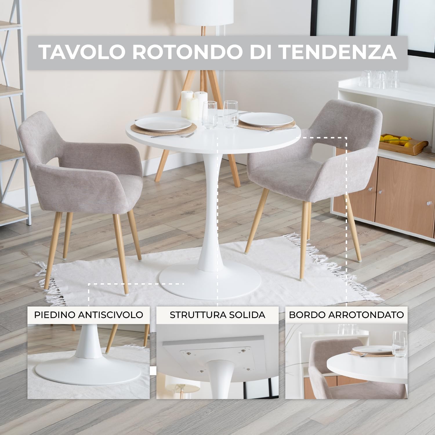 Thumbnail 4 de MEUBLE COSY Tavolo da Pranzo Rotondo 80x80x73 cm stile scandinavo, struttura in metallo bianco (fino a 4 persone)