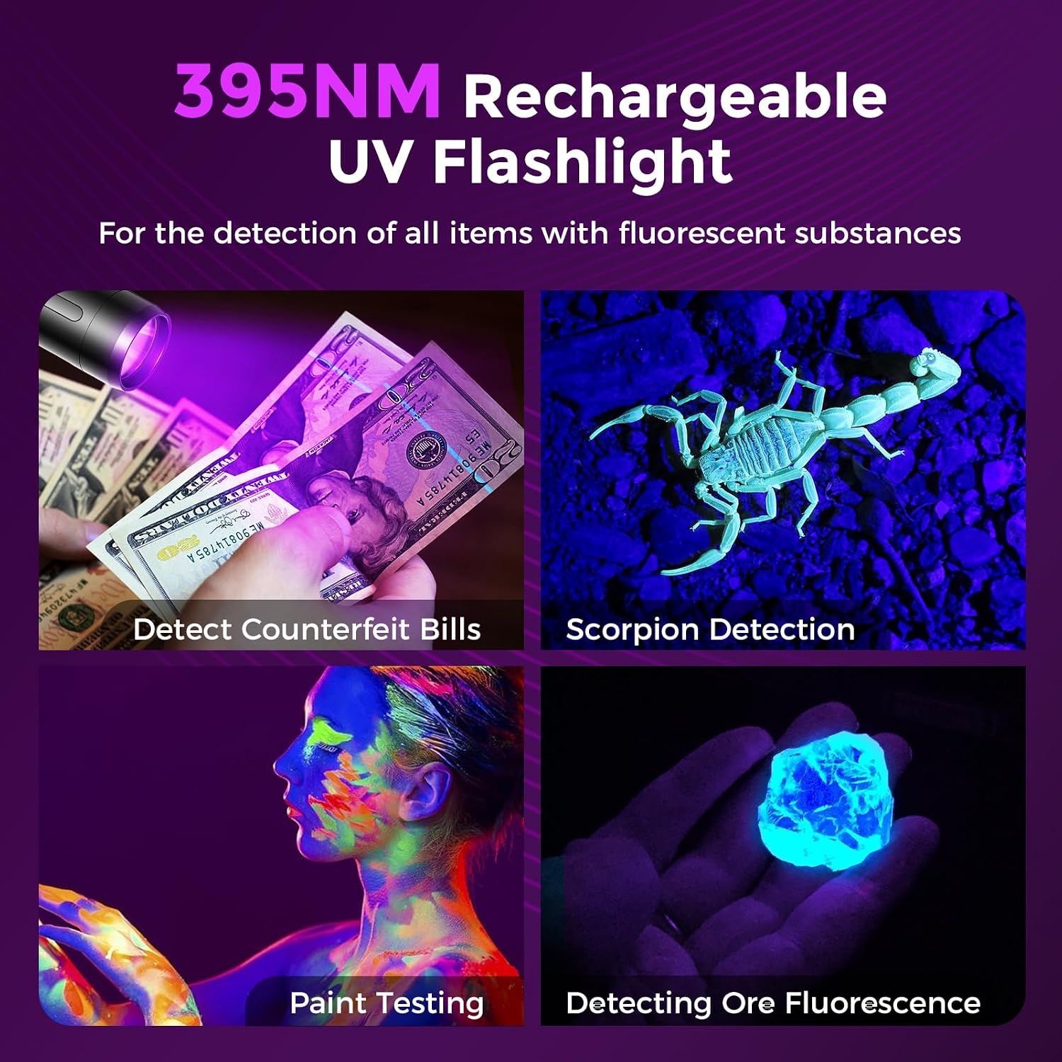 Detalle de GEARLITE UV Torch Rechargeable Ultraviolet Flashlight (395nm) – Mini UV Black Light Detector