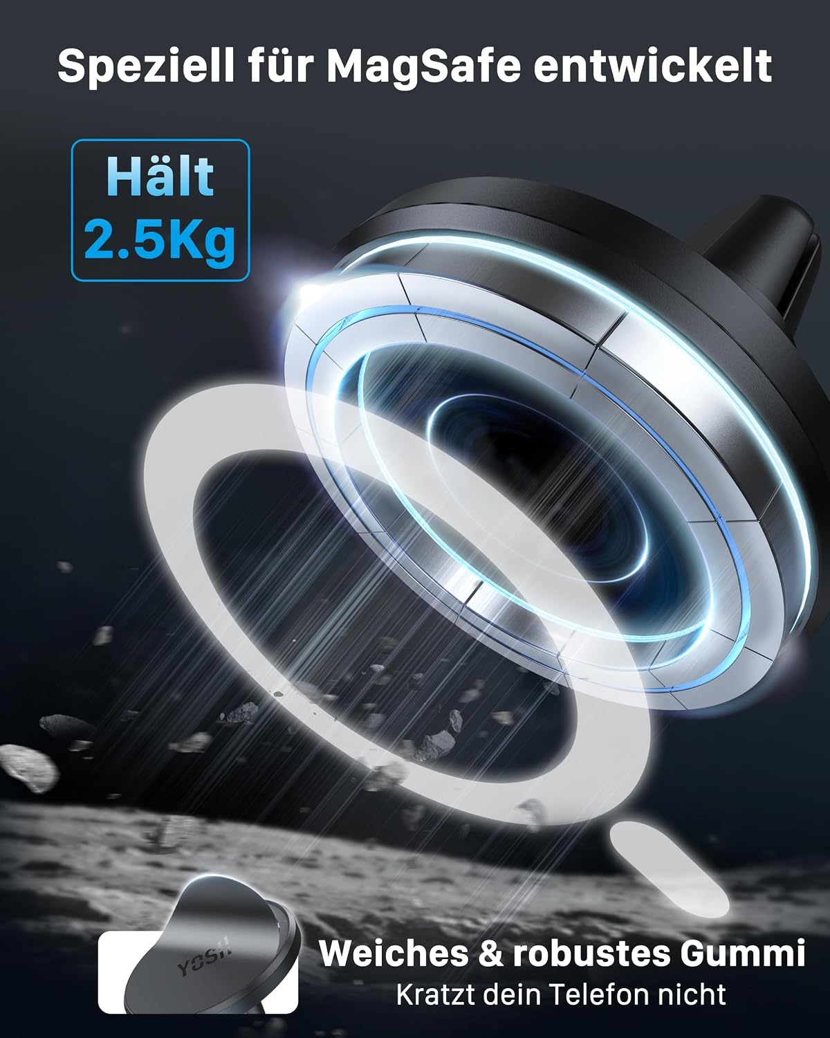 Detalle de YOSH Magnetische Auto-Halterung für MagSafe – universell, vibrationsarm und komfortabel