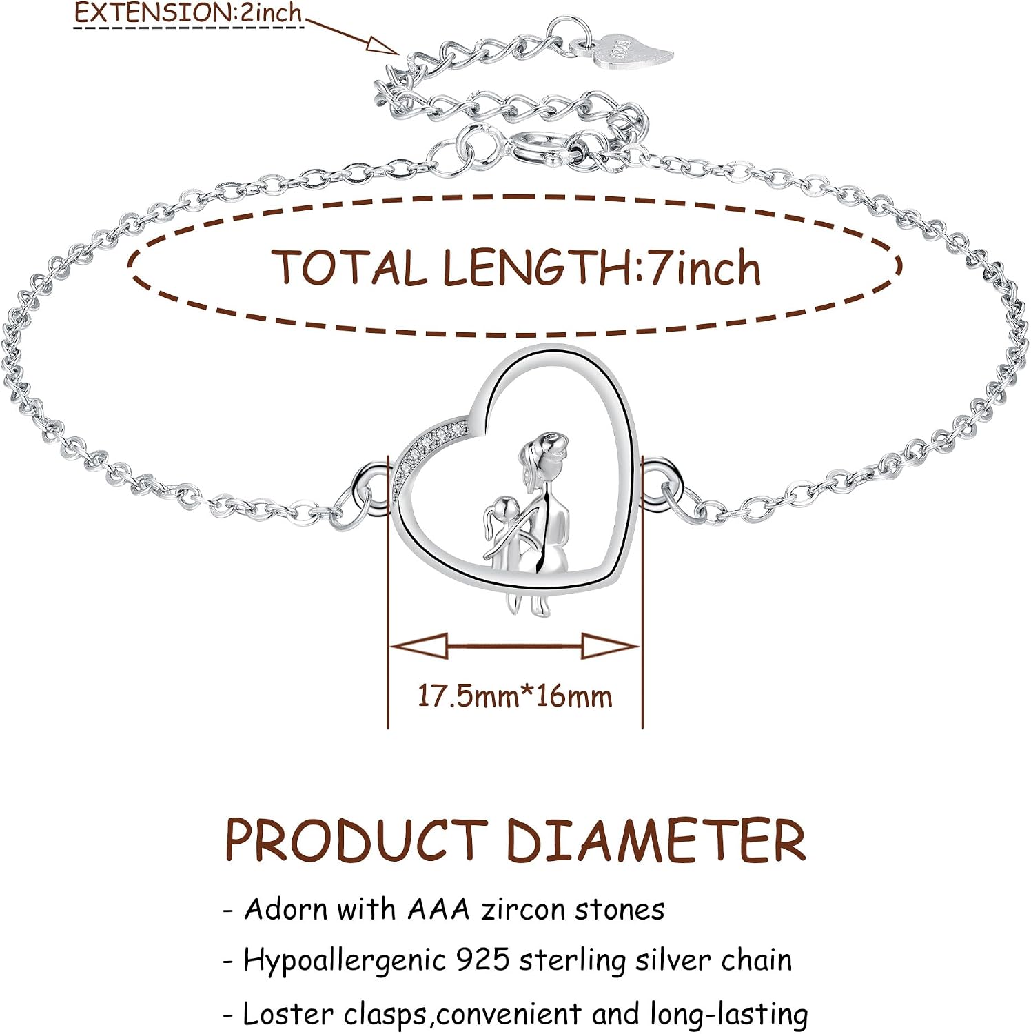 Detalle 2 de Bracelet pendentif cœur en argent sterling 925 Yinsen, réglable (17 + 4 cm)