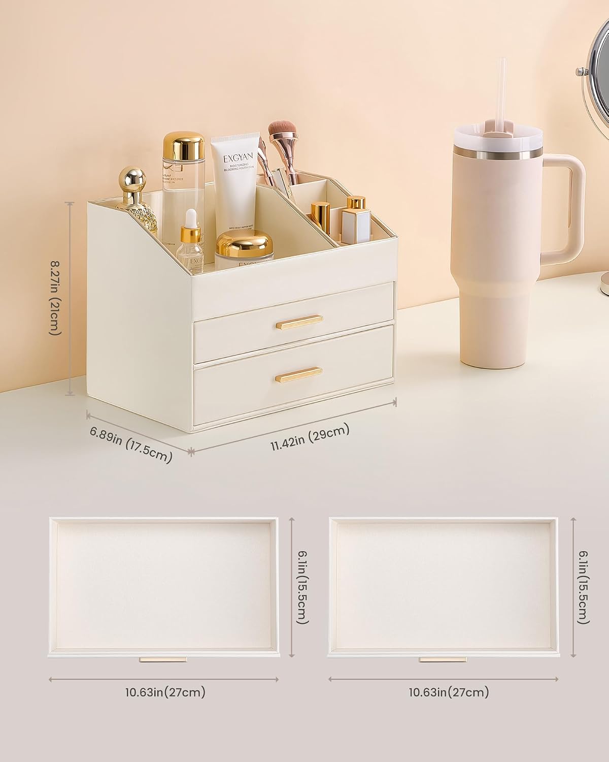 Thumbnail 4 de Lolalet 4-Layer PU Leather Makeup Organiser with Drawers for Vanity Desk (Cream)