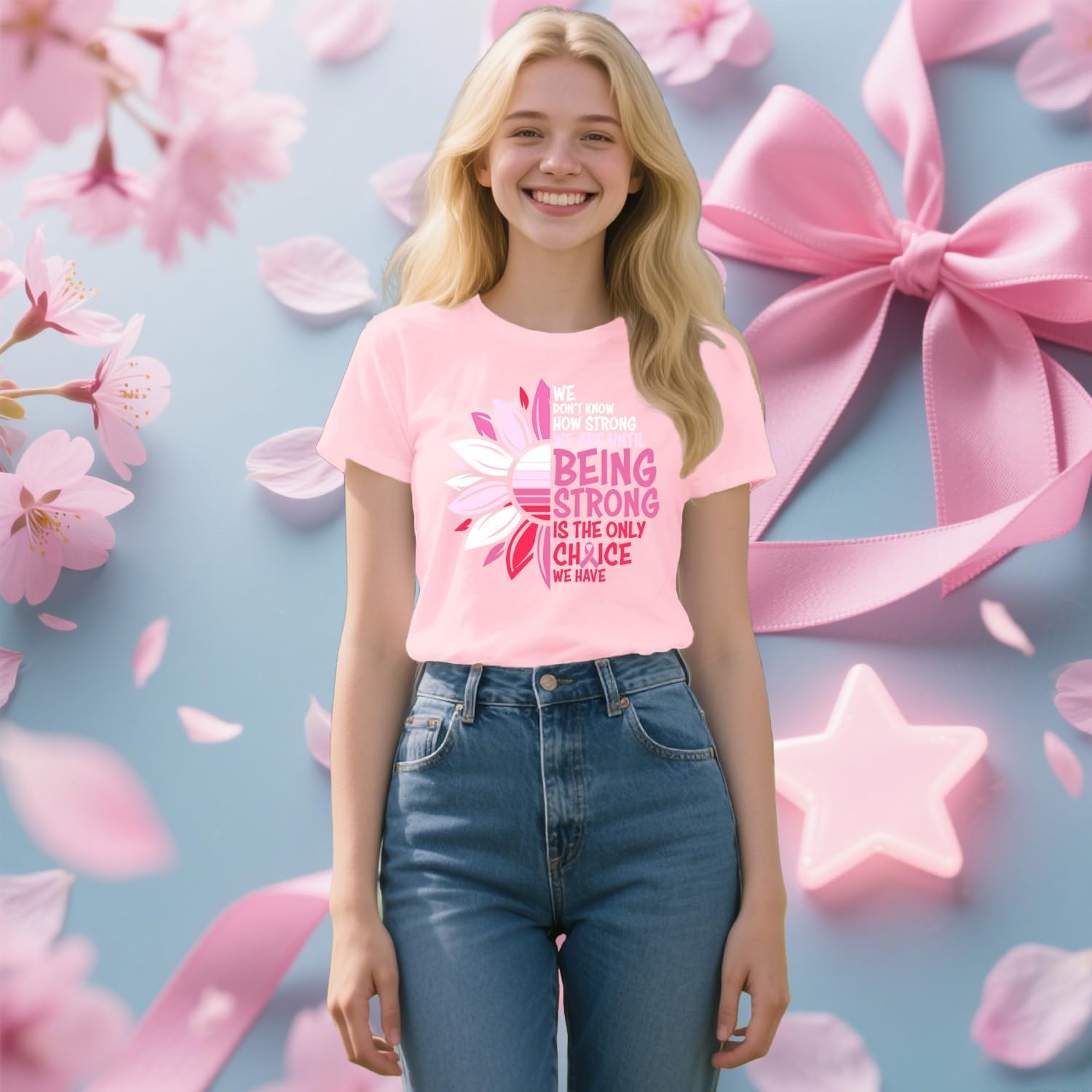 Detalle de Qskall Breast Cancer Awareness T-Shirt for Women with Pink Ribbon & Sunflower Graphic