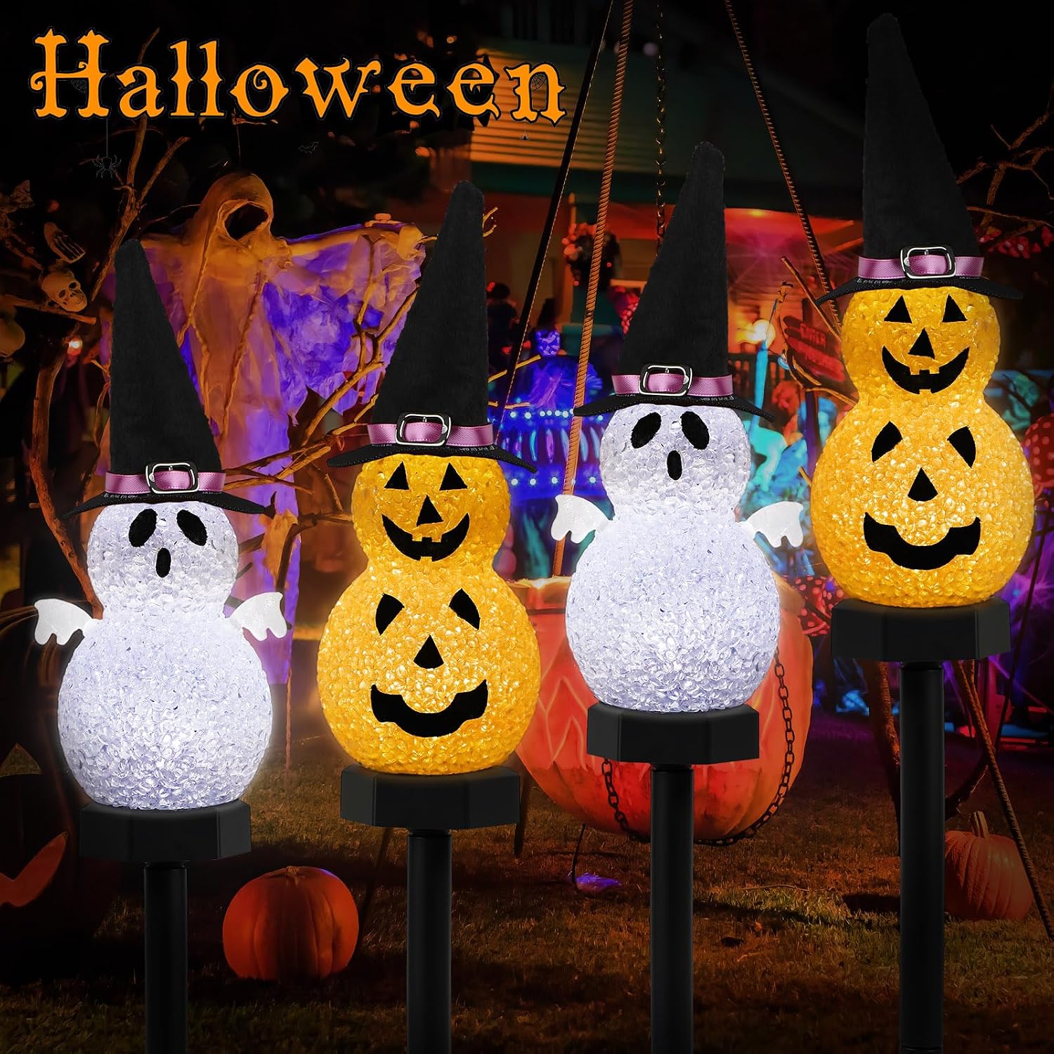 Detalle 2 de FRSTONA WSJ-003 Solar Halloween Stake Lights, 4-Pack Pumpkin & Ghost