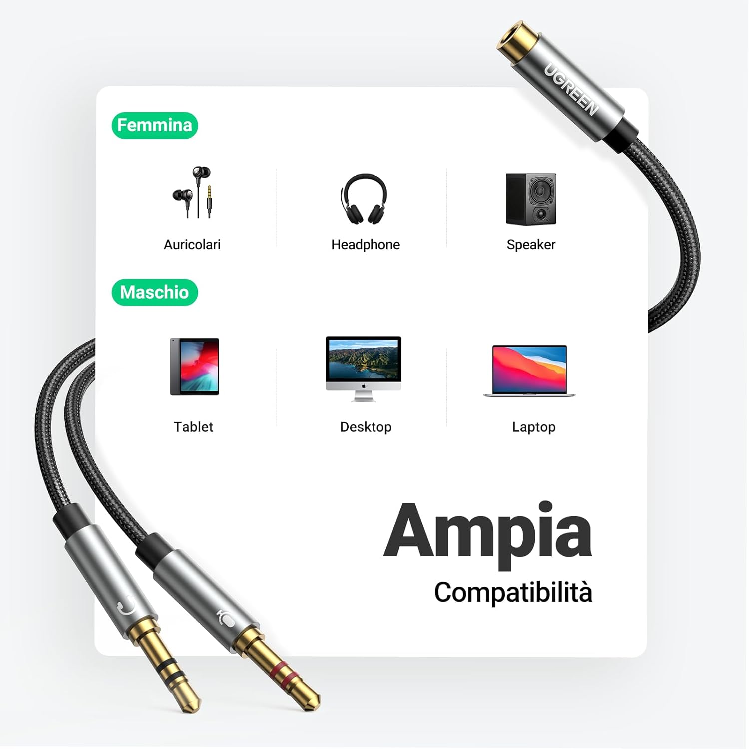 Thumbnail 6 de UGREEN Cavo audio sdoppiatore 3,5 mm 2 in 1 con microfono (Jack maschio a femmina) in alluminio placcato oro 24K, 20 cm