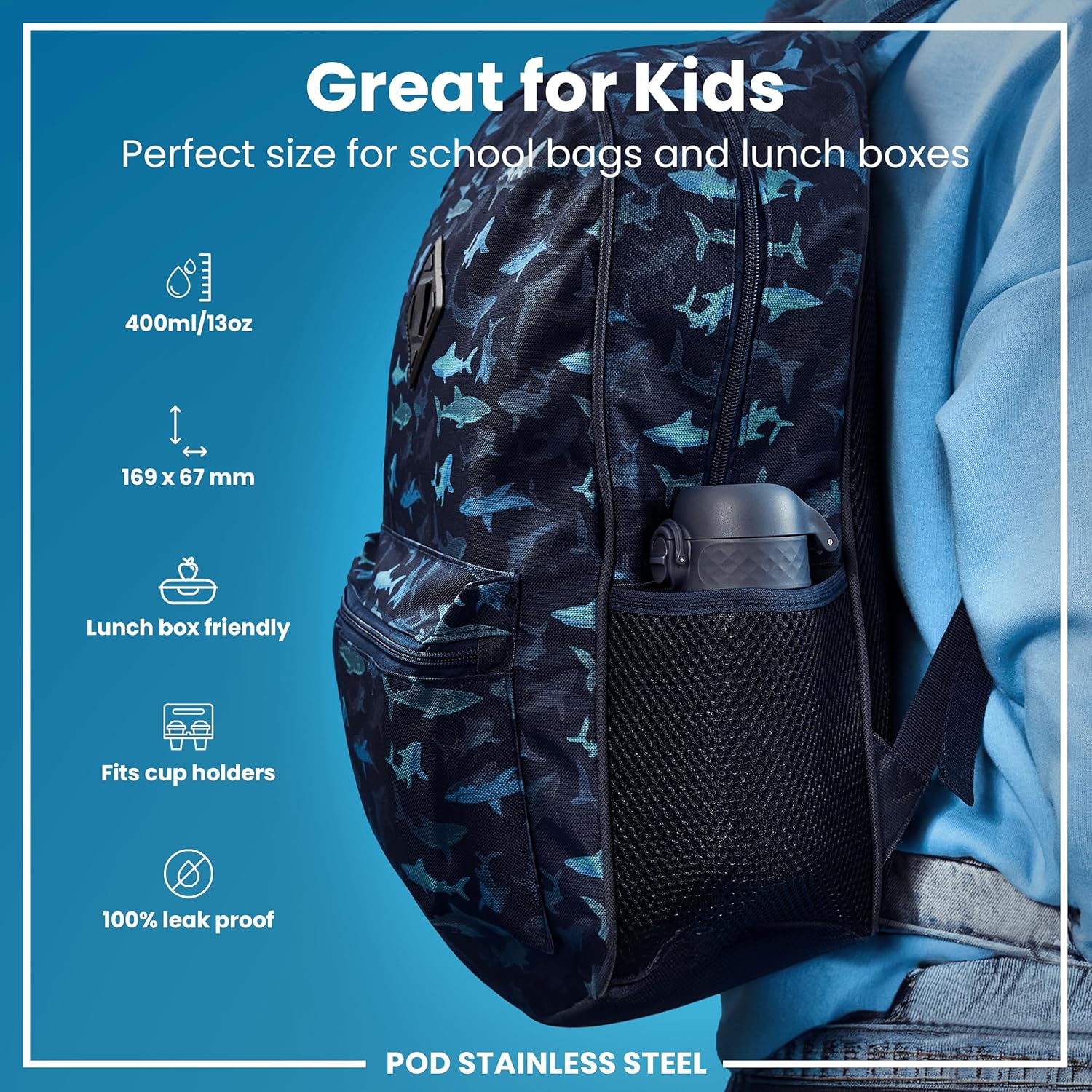 Detalle 2 de ION8 Lightweight Steel Kids Water Bottle, 400ml/13oz – Leak-Proof, Dishwasher Safe and Easy to Open