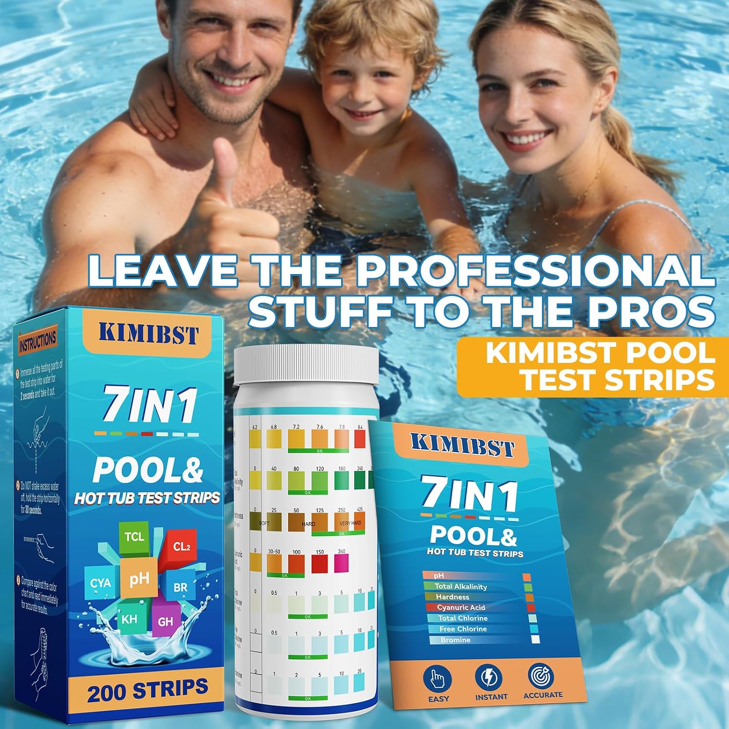 Detalle 2 de KIMIBST Pool-Teststreifen 7-in-1 – 200 Stück für Brom, pH-Wert, Gesamtchlor, freies Chlor, Härte, Cyanursäure