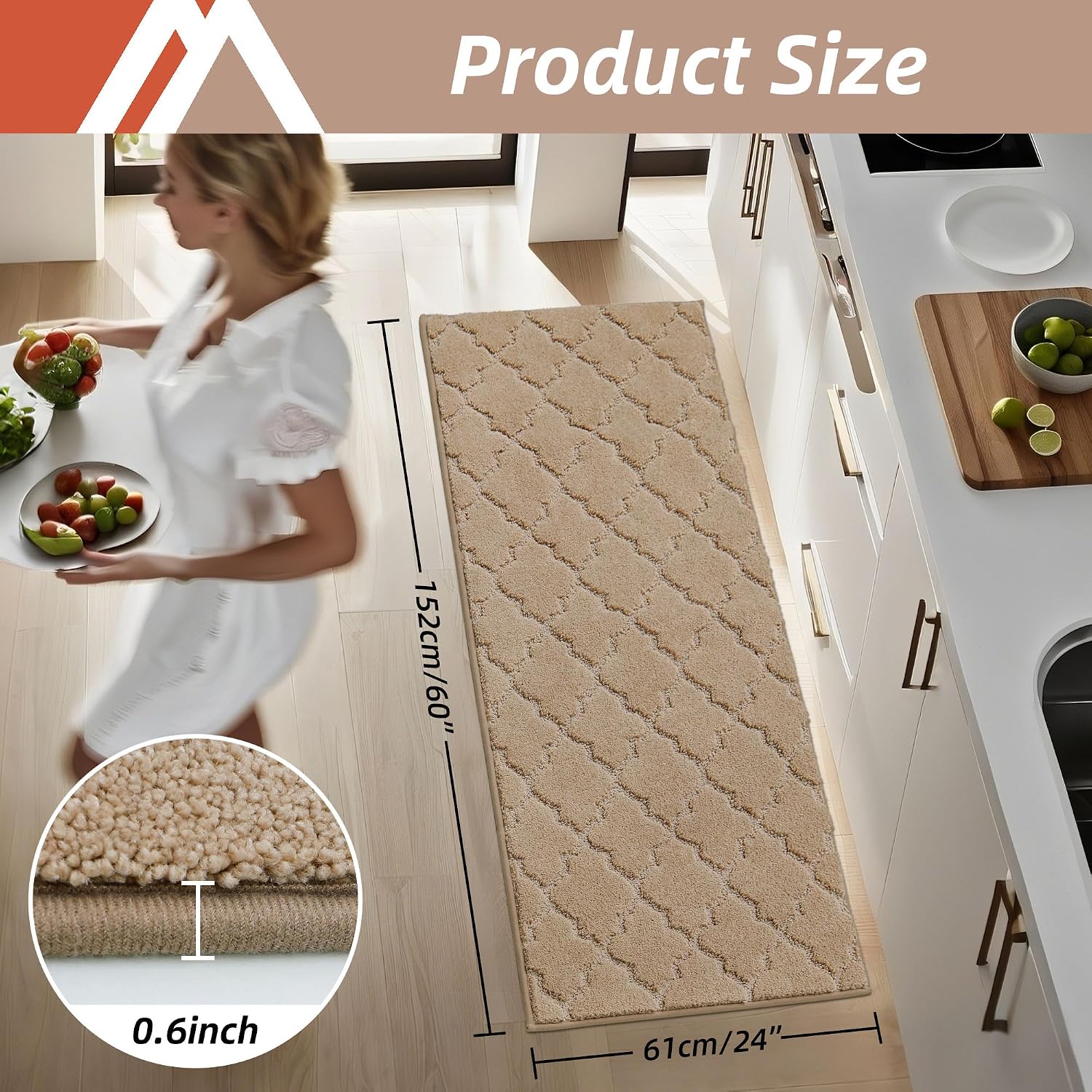 Detalle 2 de COSY HOMEER Kitchen Runner Rug 24" x 60" Non-Slip, Washable, Absorbent Polyester Floor Mat (Beige)