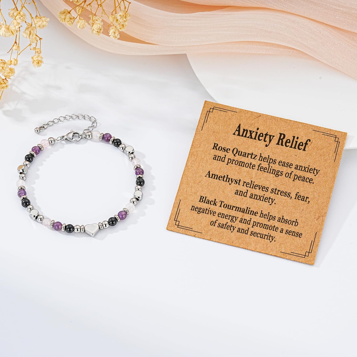 Detalle de ESPVO Crystals Anxiety Bracelet for Women – Amethyst, Black Tourmaline & Rose Quartz Natural Stones