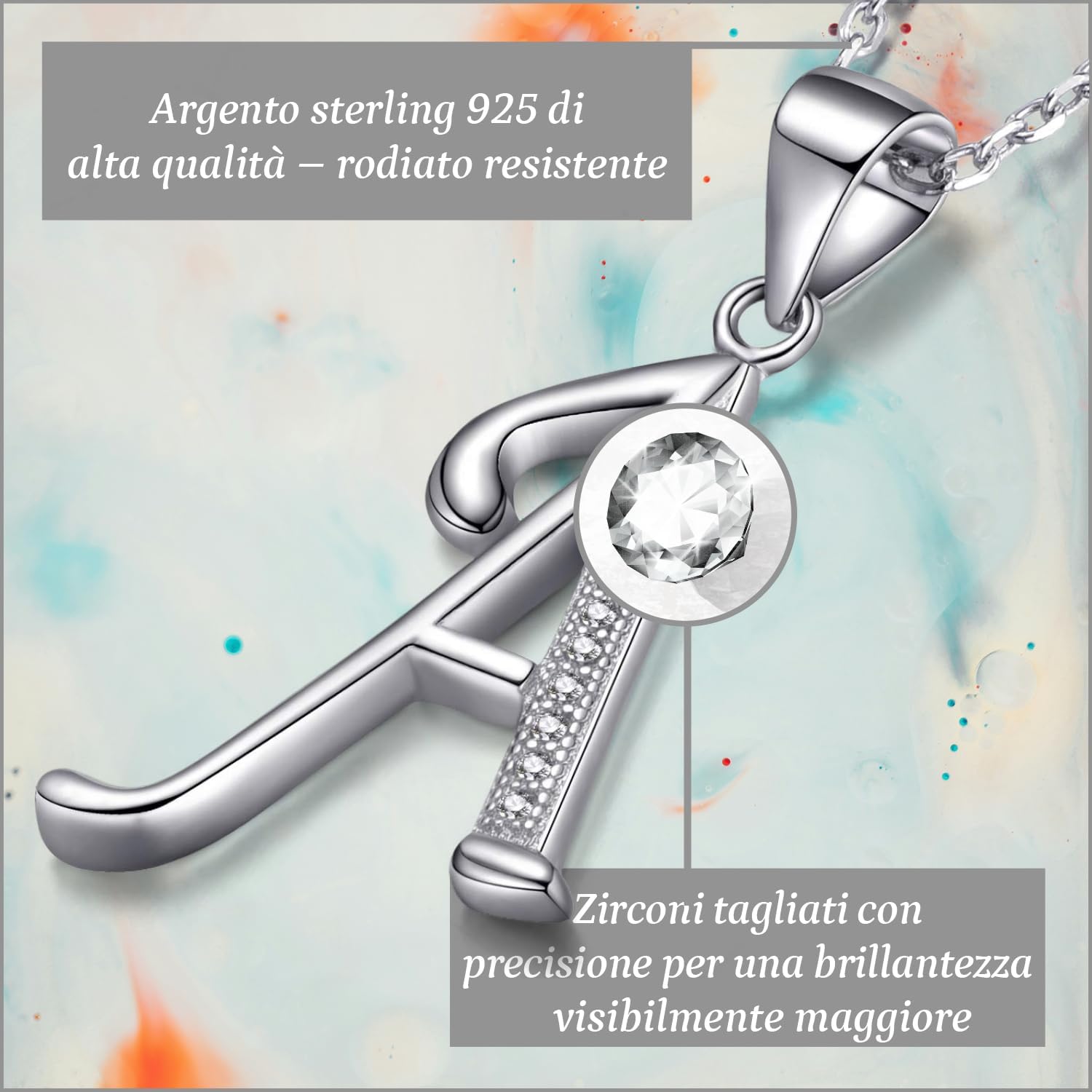 Detalle 2 de Morella Collana da Donna in Argento 925 Rodinato con Ciondolo Lettere e Zirconi Bianchi, Lunga 45 cm