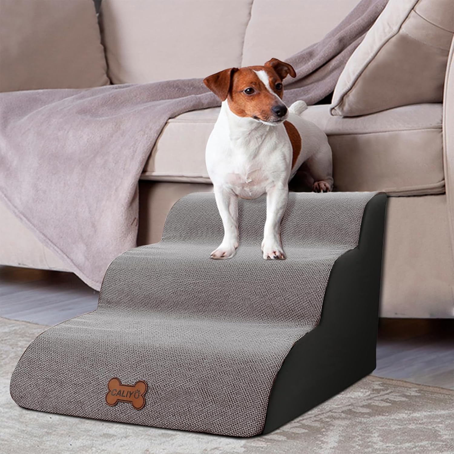 Detalle de CALIYO Hundetreppe 3 Stufen – rutschfeste, waschbare Haustiertreppe für kleine Hunde und Katzen (60×40×40 cm)