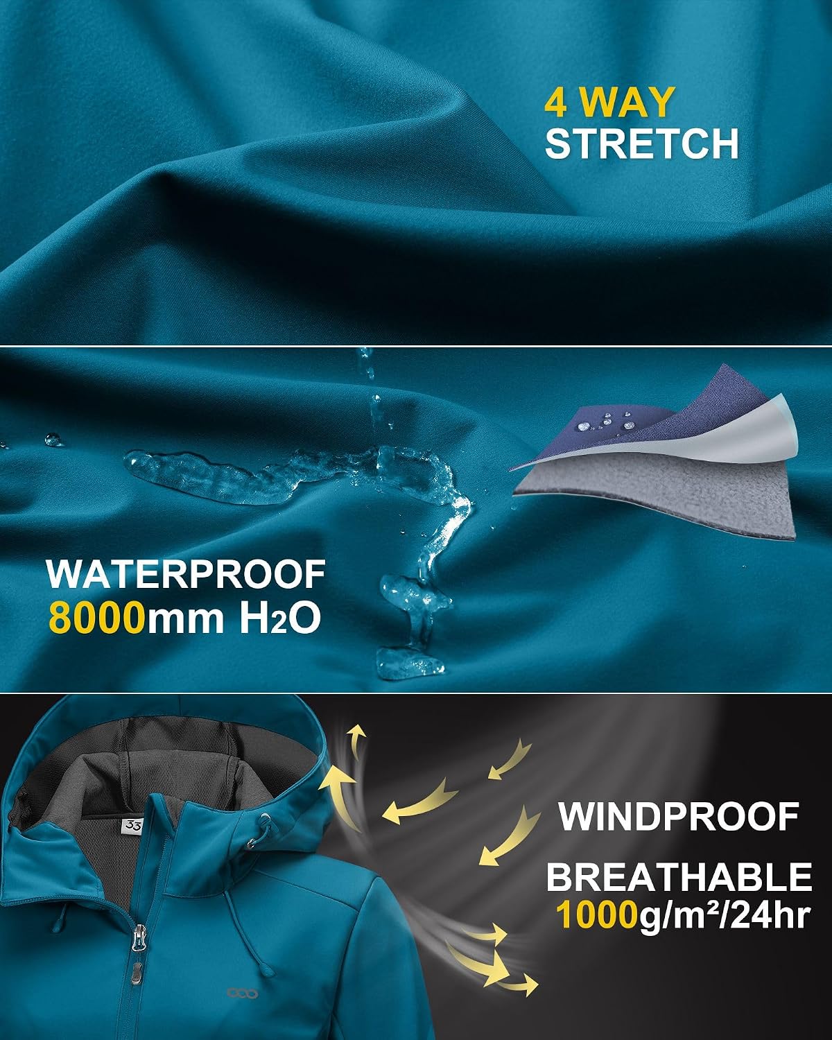 Detalle de 33,000ft Women’s Softshell Jacket – Waterproof, windproof lightweight outdoor coat with hood