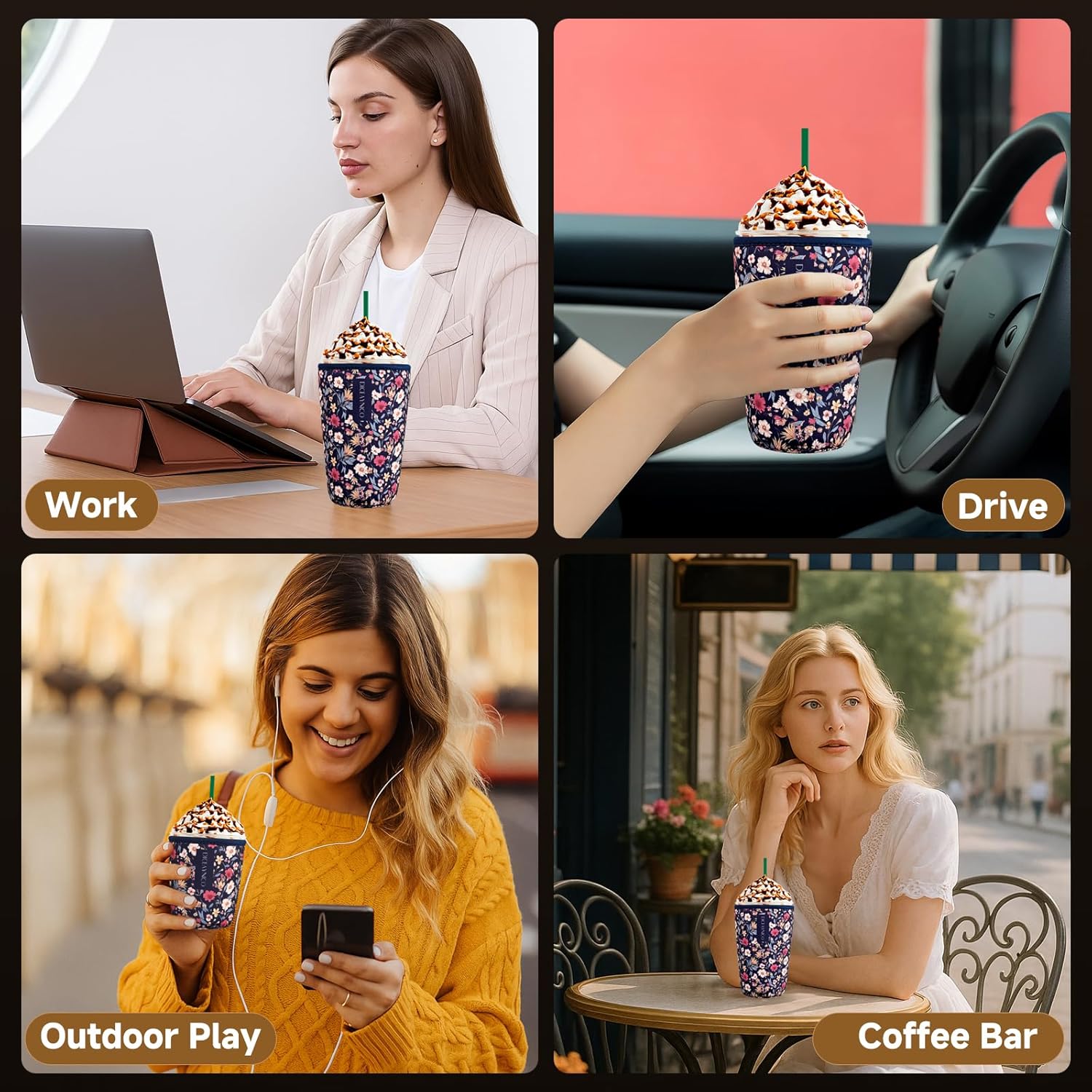 Thumbnail 5 de Diceaynico Becherhülle im 3er-Set (S/M/L) für 16–32 oz, wiederverwendbare Becherkühler mit Neopren – Dunkles Blumenmuster