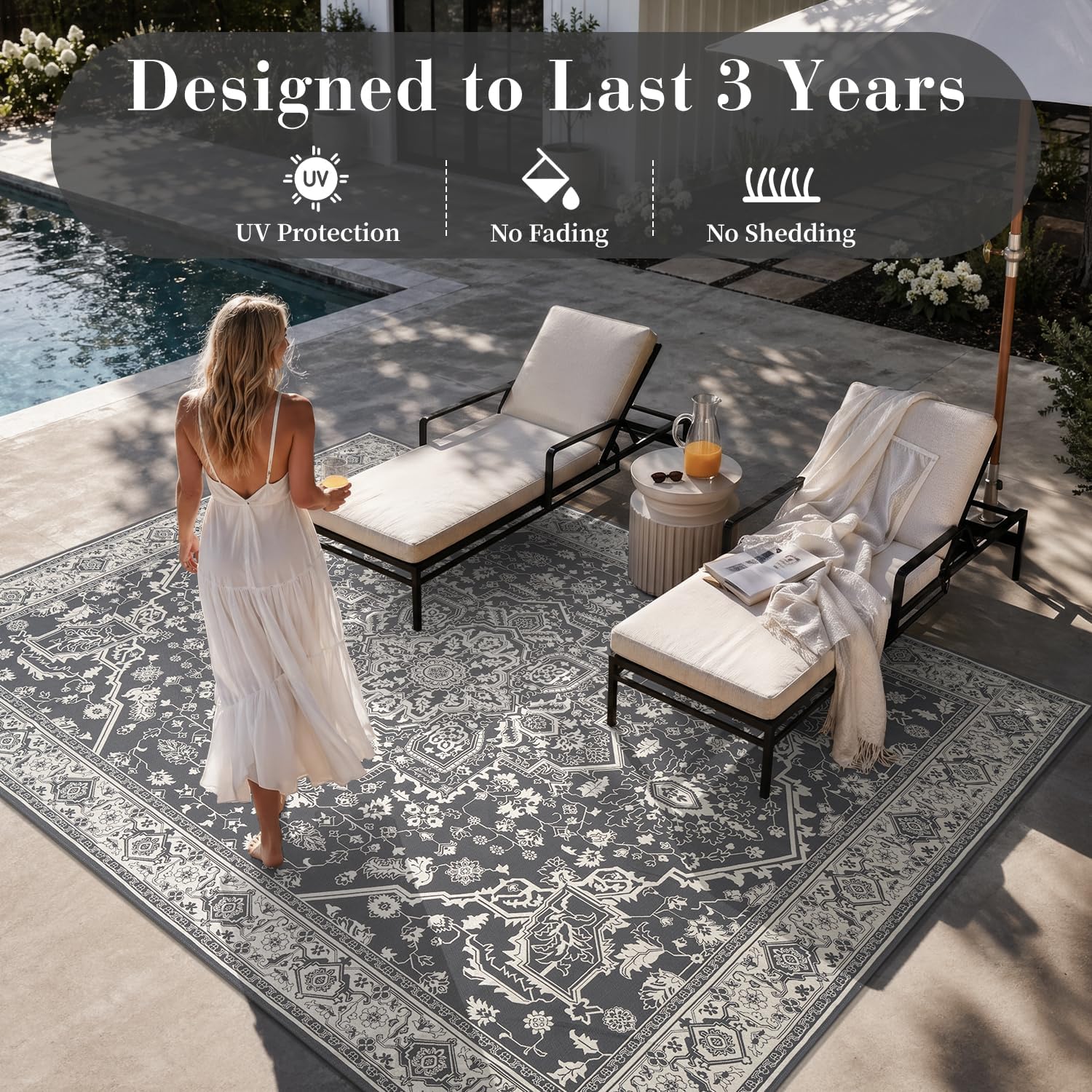 Detalle de Engiw 5 x 8 ft Outdoor Rug, Machine-Washable Flatweave, Blackish Grey