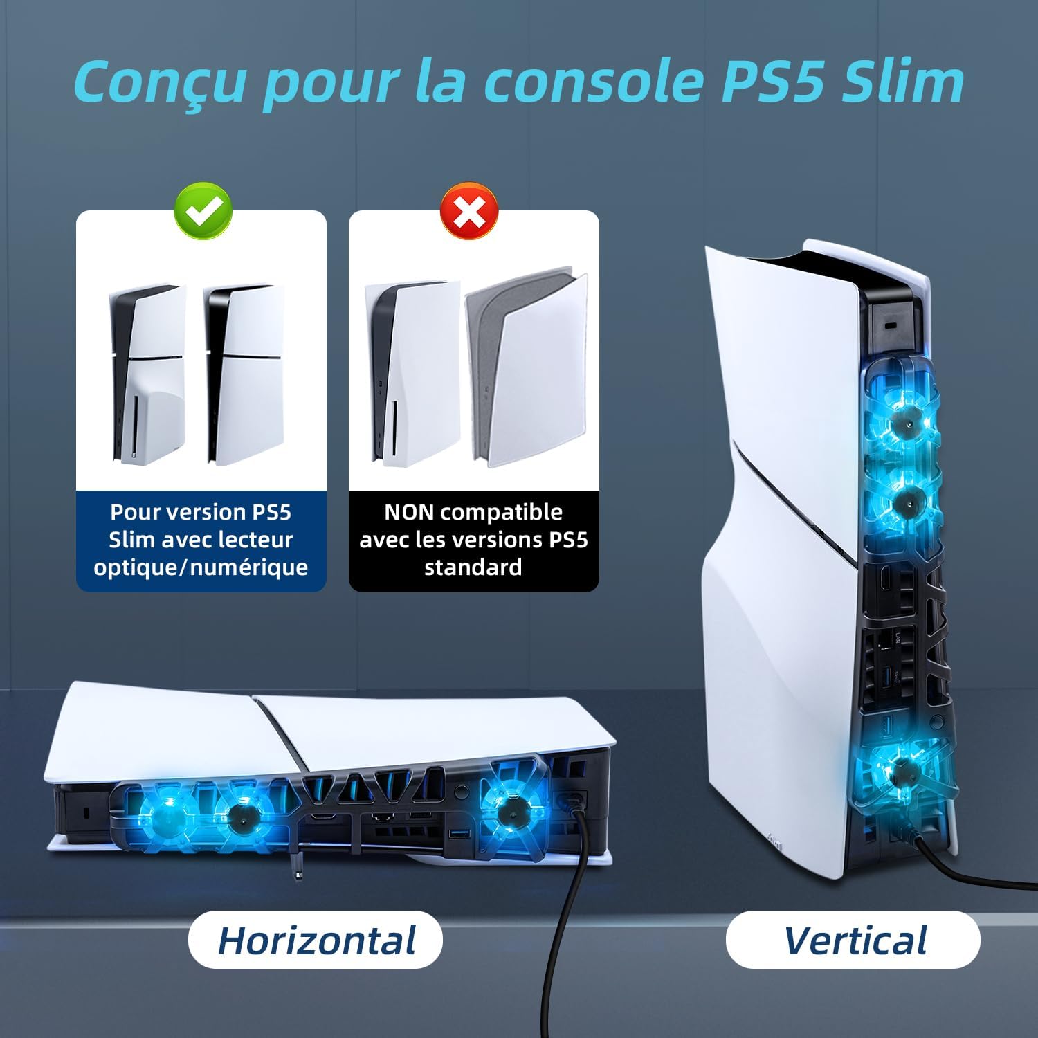 Thumbnail 4 de Tolesum Ventilateur de refroidissement pour PS5 Slim avec éclairage LED RGB (USB arrière) – Noir
