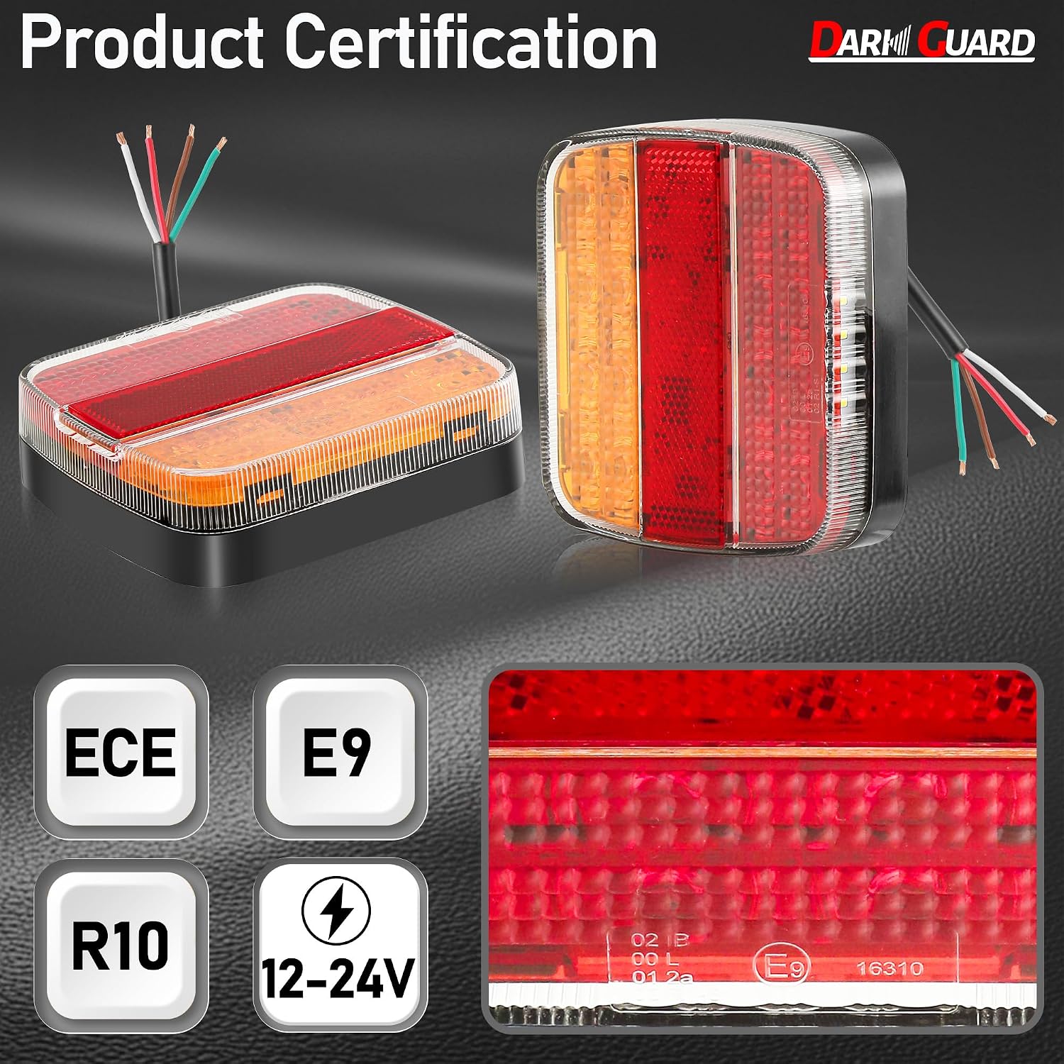 Detalle de DARKGUARD 2 x Square Trailer Rear Lights LED – IP67, 12V/24V