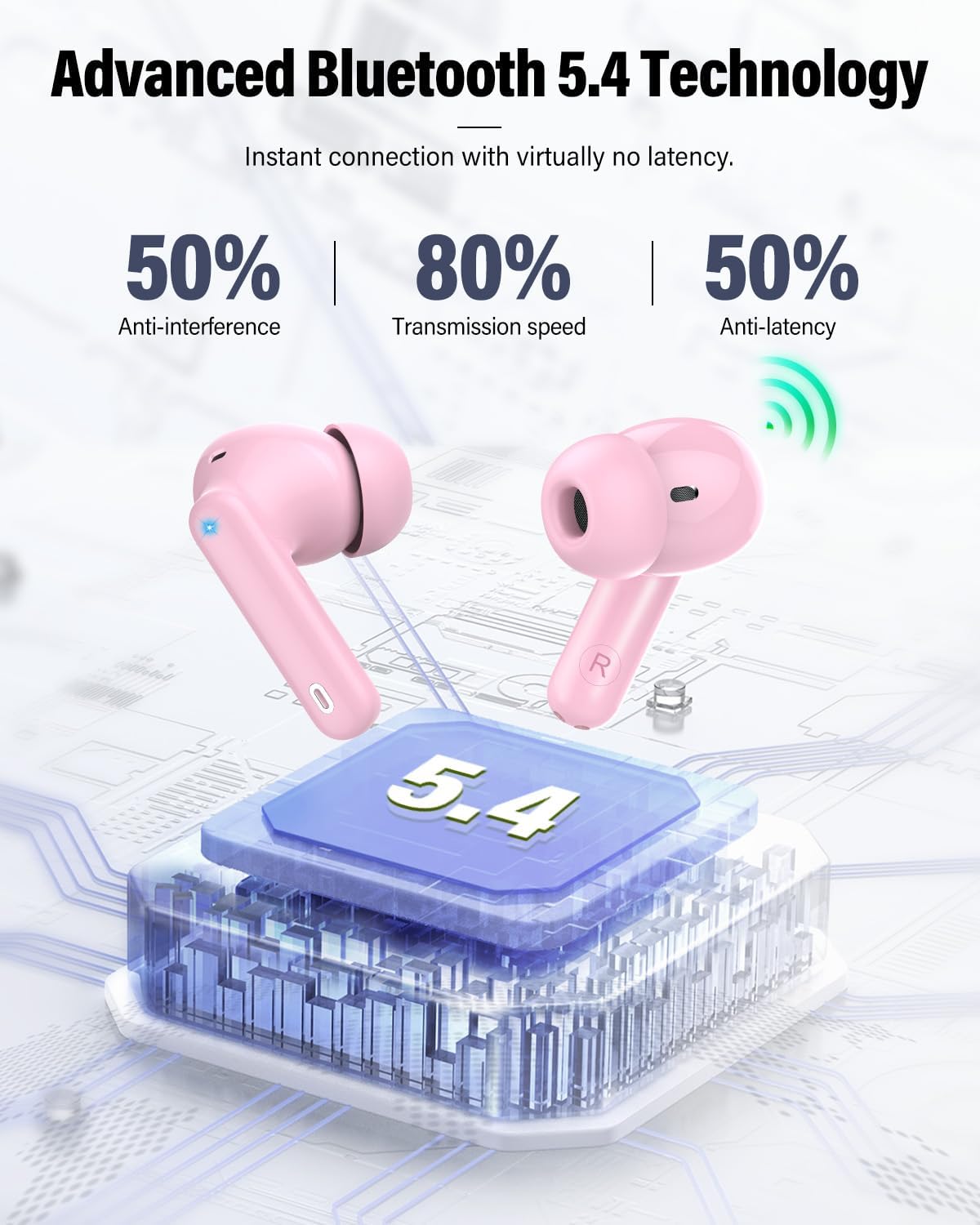 Thumbnail 3 de Wireless Earbuds with Bluetooth 5.4 — Bass-Driven Stereo, ENC Noise Cancellation, IP7 Waterproof in Pink