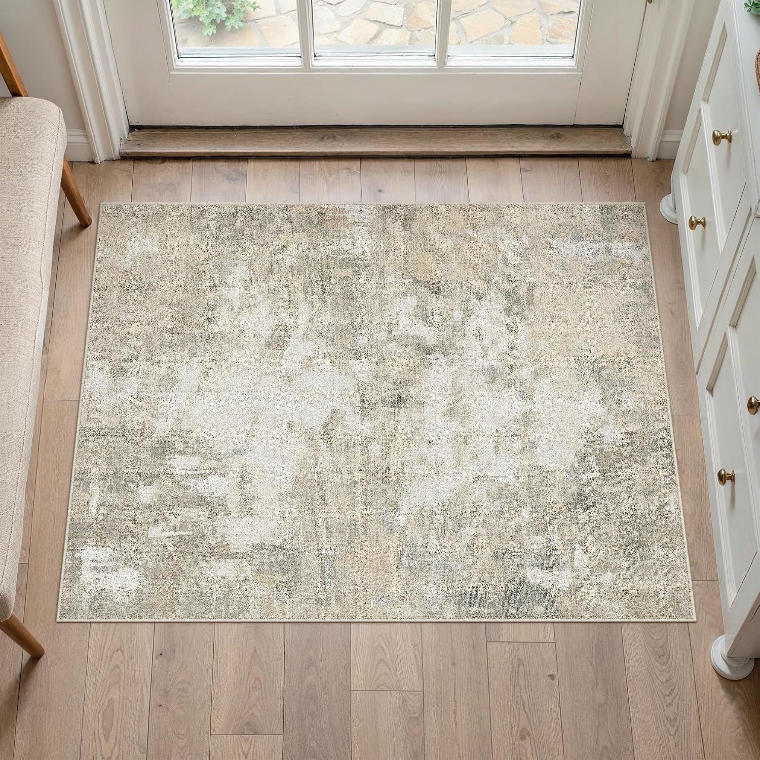 Detalle de PureCozy Waschbarer abstrakter Teppich 60x180 cm – Beige, rutschfeste Unterseite, pflegeleicht & maschinenwaschbar