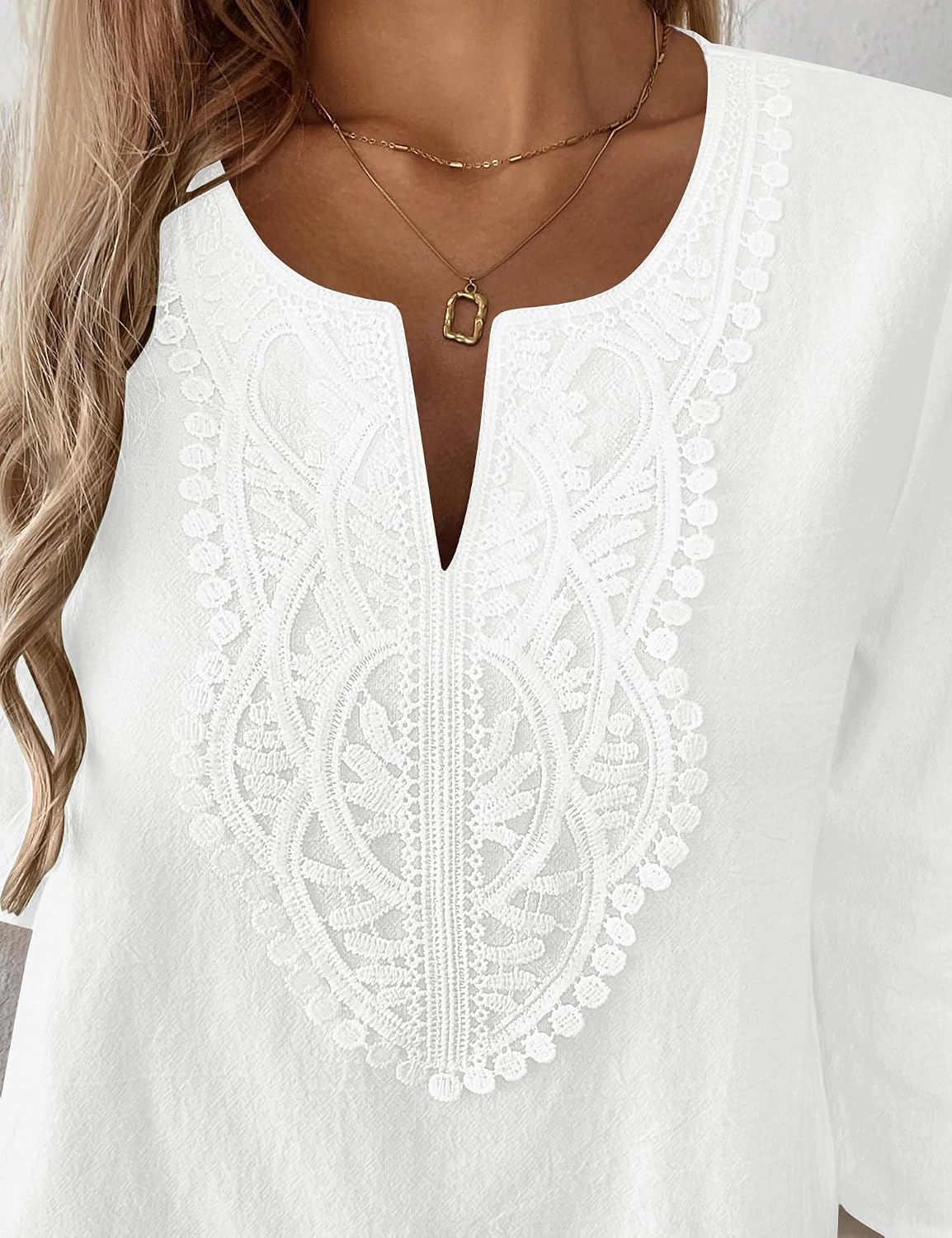 Detalle de Rapbin Women's Short Sleeve Cotton-Linen Lace V-Neck Tunic Top