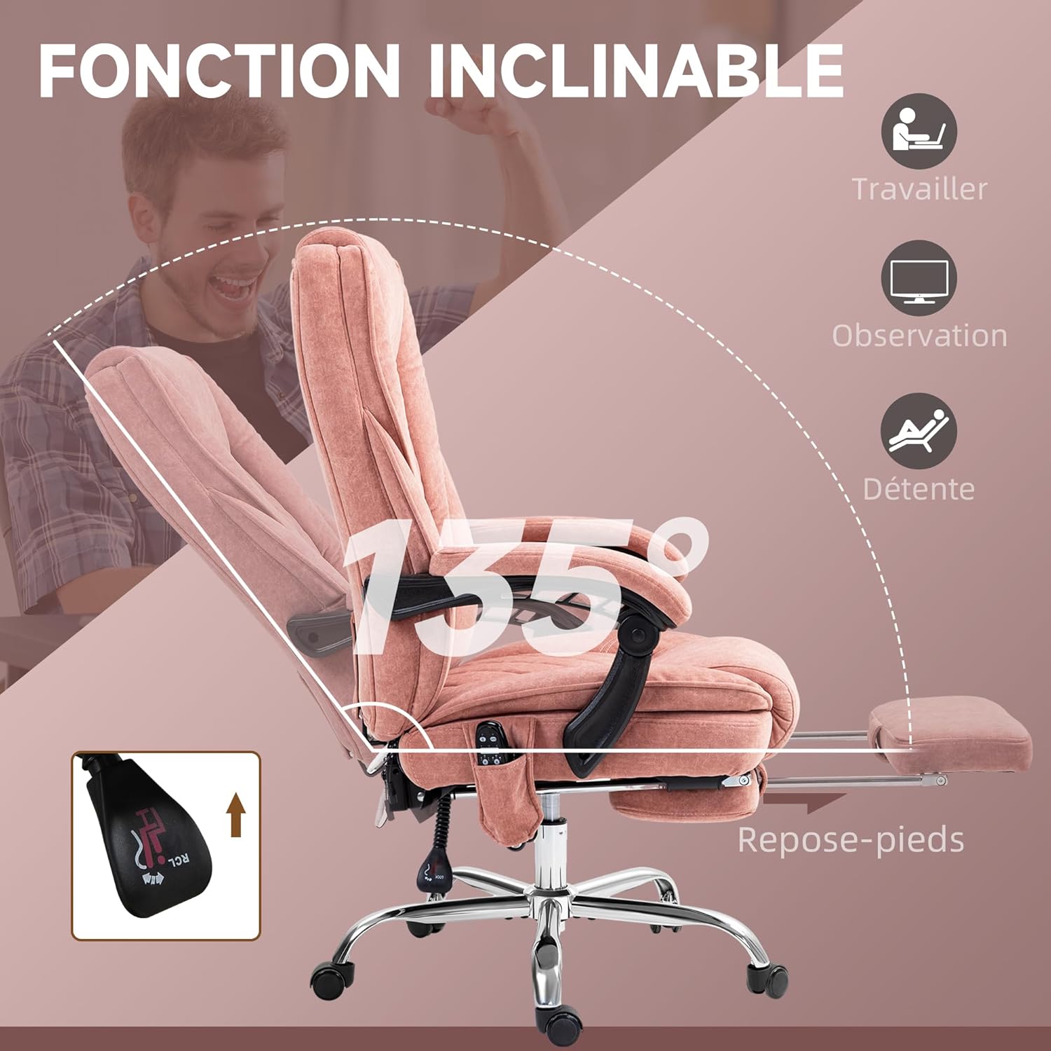 Thumbnail 5 de Vinsetto Fauteuil de Bureau massant 135° Rose