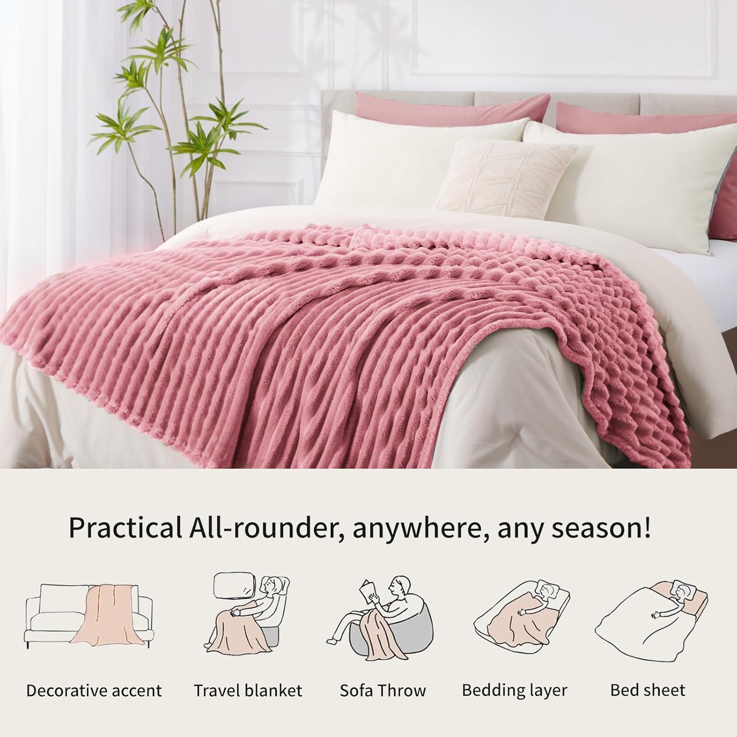 Thumbnail 5 de RUIKASI Fleece Throw Blanket for Sofa (230x270cm) – Super King, Pink Fluffy Throw