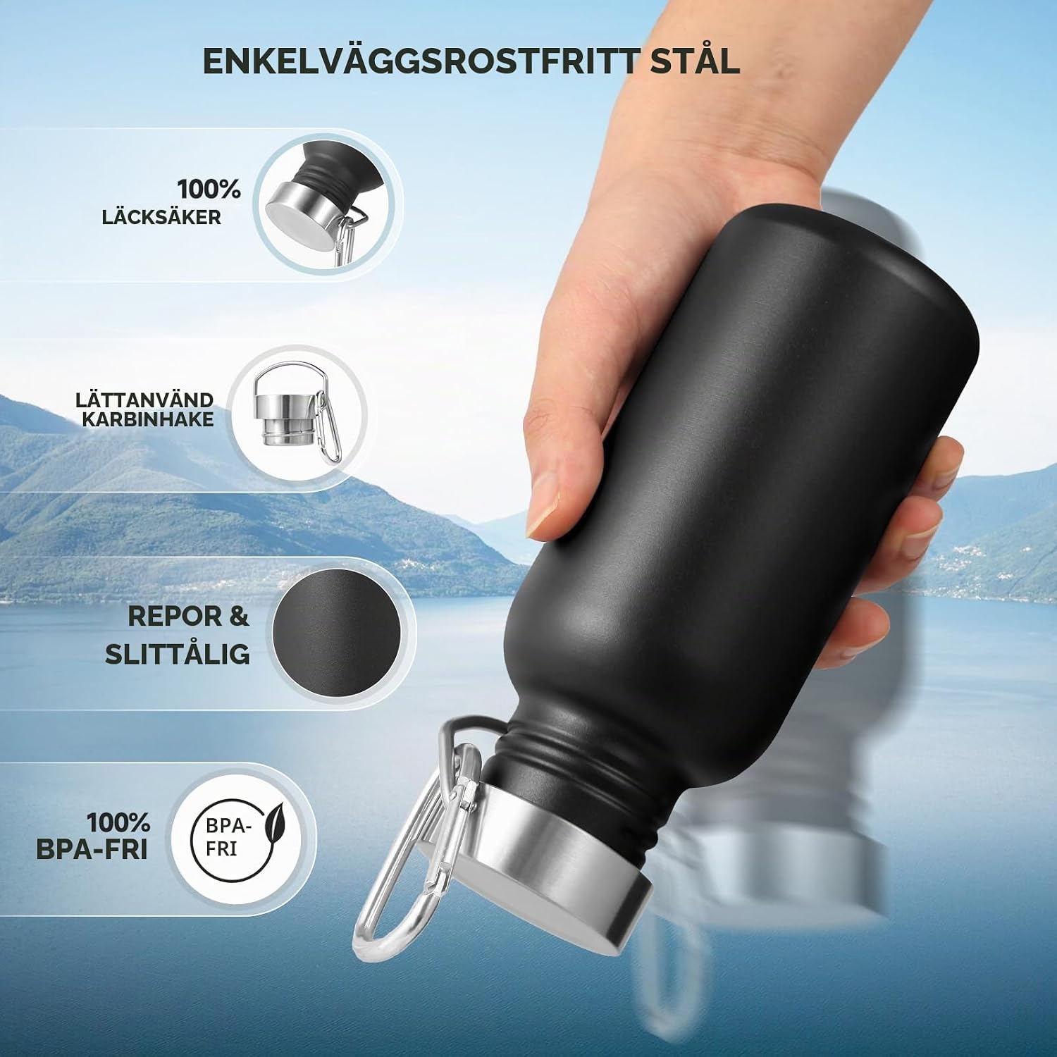 Detalle de Volhoply vattenflaska 500 ml, 2-pack i svart rostfritt stål