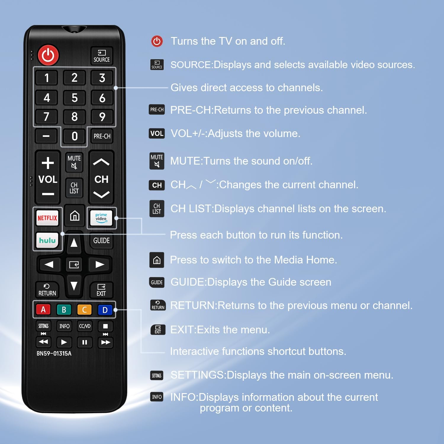 Thumbnail 4 de Universal Replacement Remote for Samsung Smart TV with Netflix, Prime Video, and Hulu Buttons (BN59-01315A)