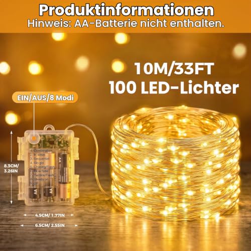 Thumbnail 7 de btfarm 4 Stück 10 m LED-Lichterkette Batterie mit Fernbedienung und Timer