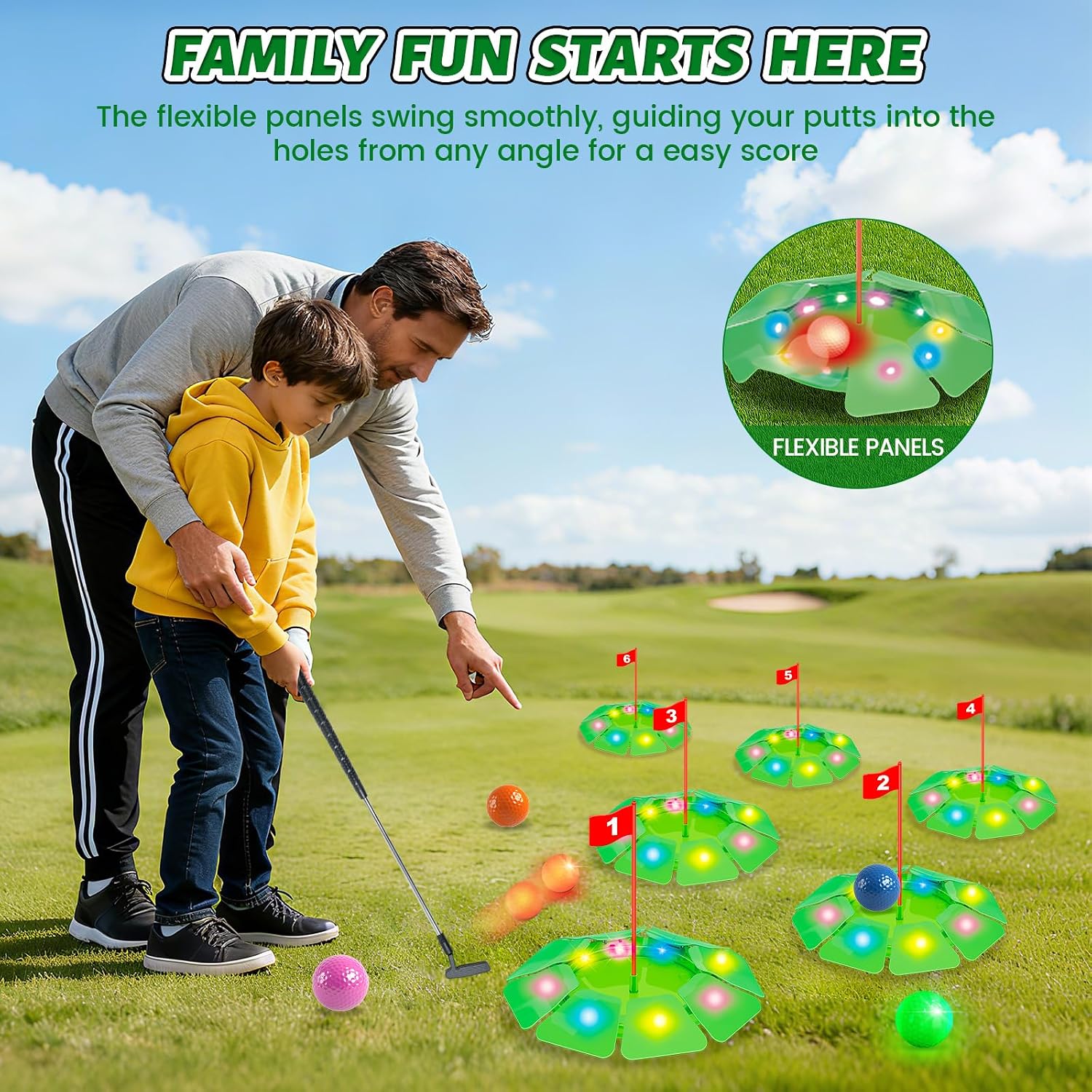 Detalle de VATOS Light up Golf Putting Game Set – Glow Golf Toy with 6 LED Holes and 6 Balls