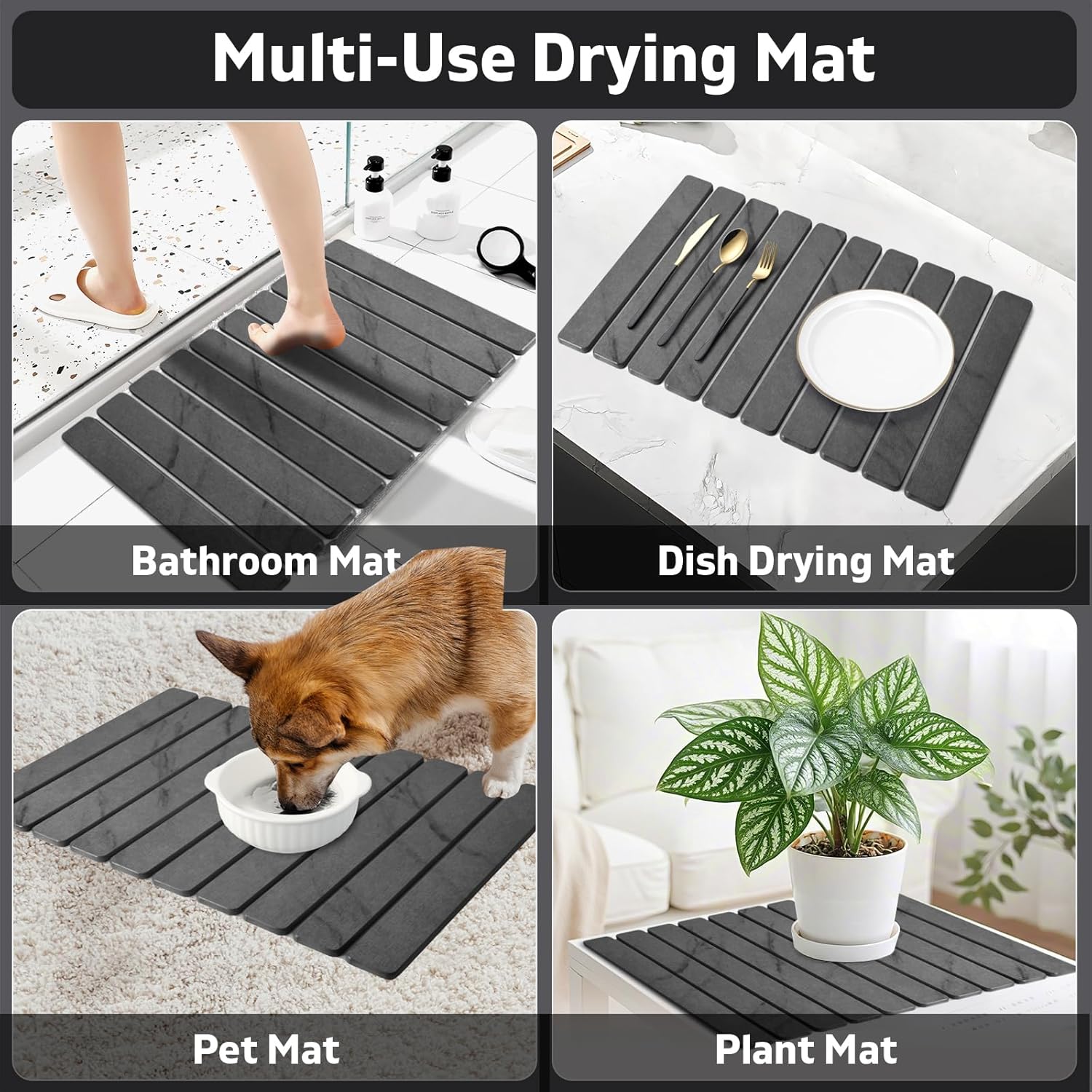 Thumbnail 6 de Large Stone Dish Drying Mat for Kitchen Counter (Gray Marble, 24" x 16" + 8" x 4" Coaster)