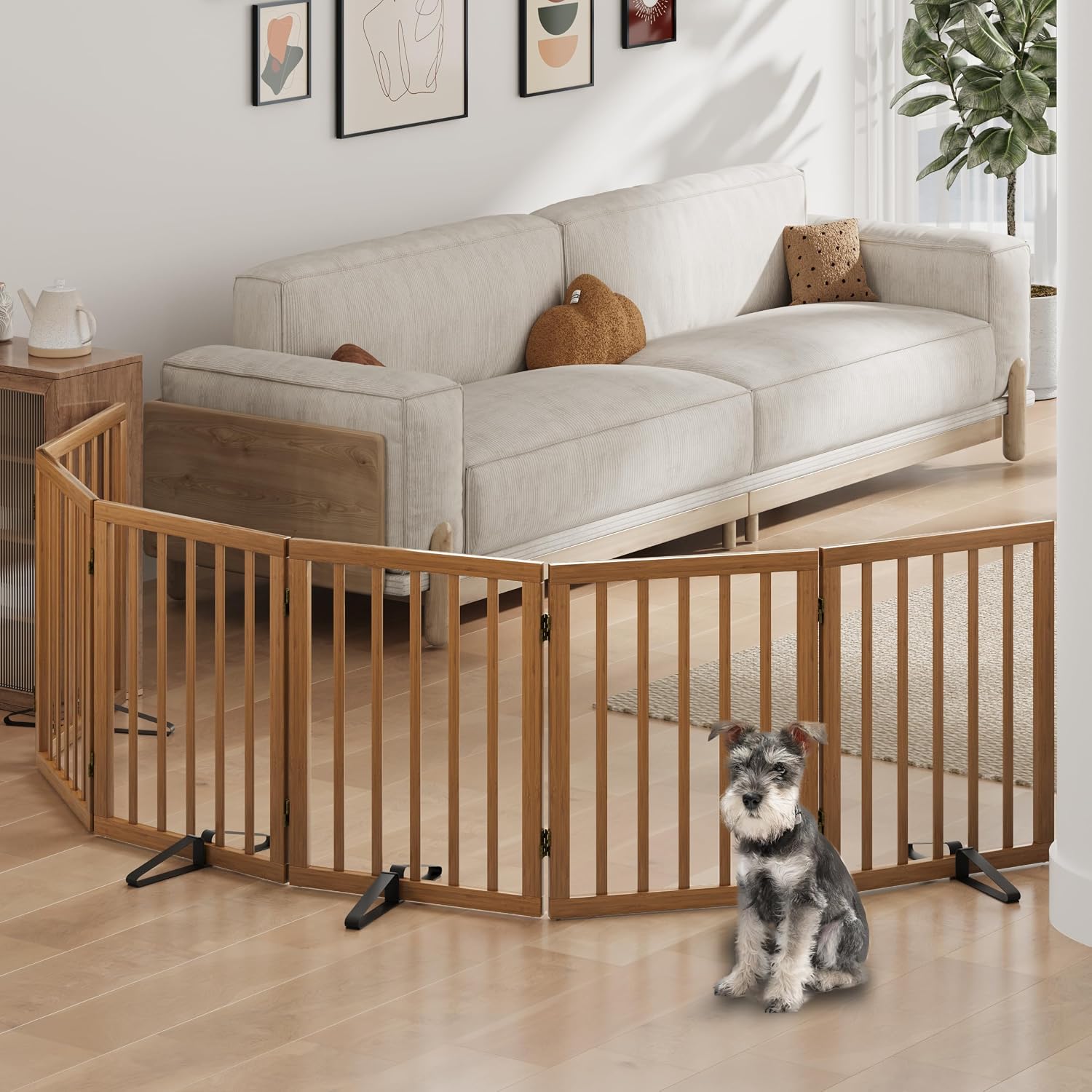 Detalle de Dog Gates for Doorways: Foldable Indoor Gate, Freestanding 6-Panel Walnut