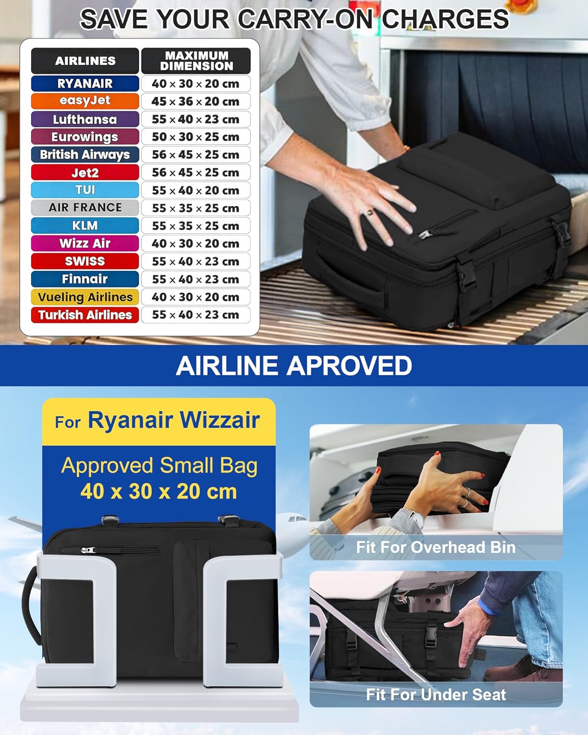 Detalle 2 de SZLX Zaino da viaggio sottovuoto 40x30x20 con pompa, zaino cabina 40x20x25 per Ryanair e organizer per laptop 14