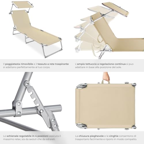 Detalle de tectake Set da 2 Lettini Prendisole Pieghevoli 190x68x111 cm con Parasole, Cuscino e Maniglia – Beige