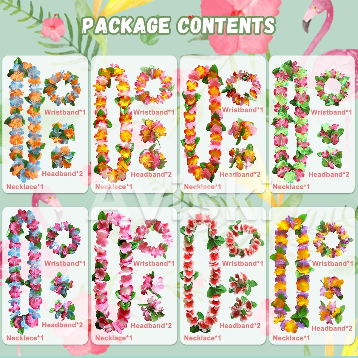 Detalle 2 de Aviski 32-piece Hawaiian flower lei set (headbands, garland necklaces & bracelets) for tropical parties