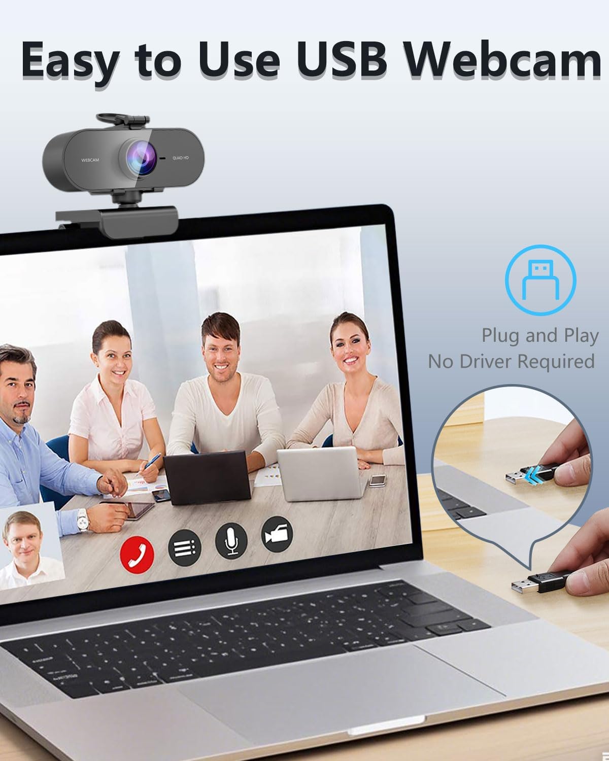 Thumbnail 6 de Kouric 2K Webcam with Microphone and Privacy Cover (USB plug-and-play) for PC, Laptop and Mac
