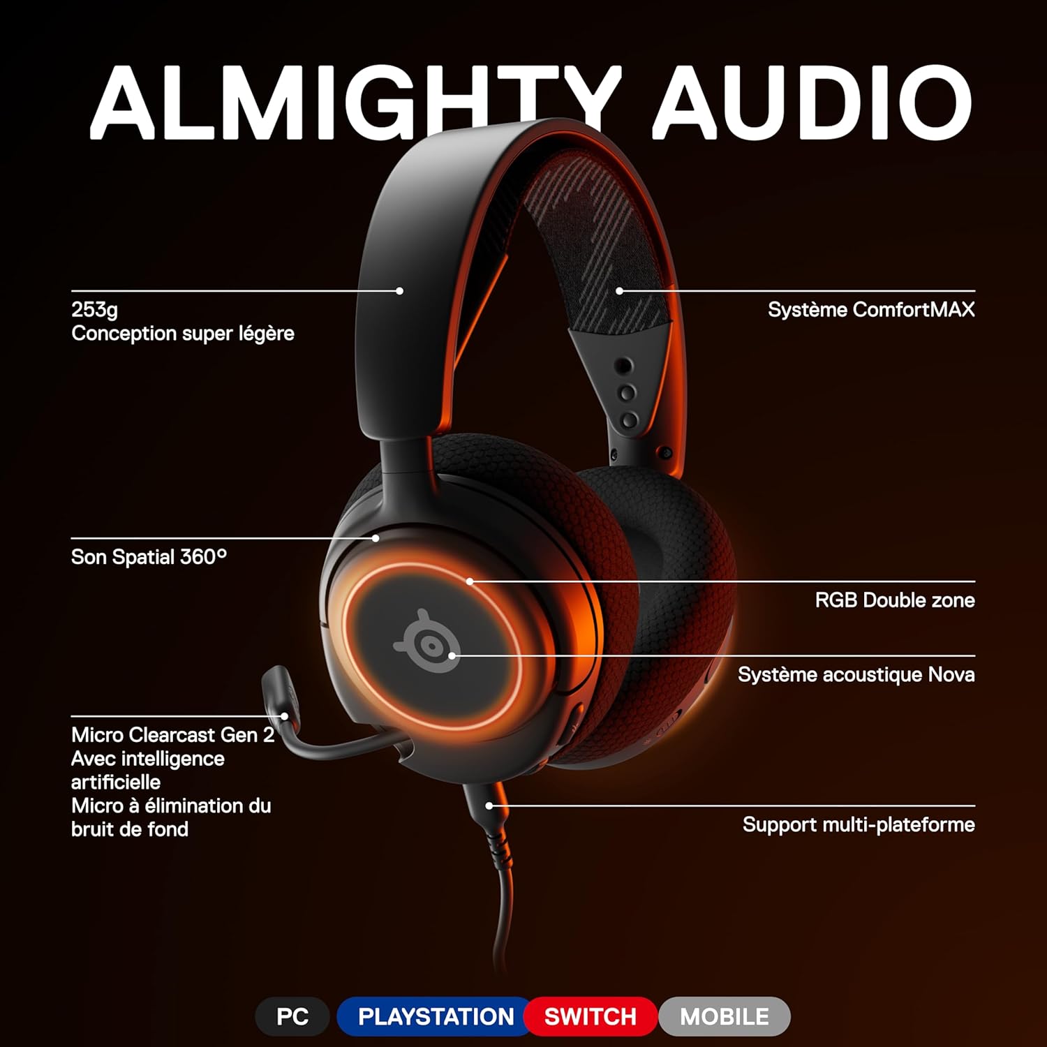 Thumbnail 2 de SteelSeries Arctis Nova 3 : casque de jeu multi-systèmes avec son spatial 360° et micro ClearCast Gen 2