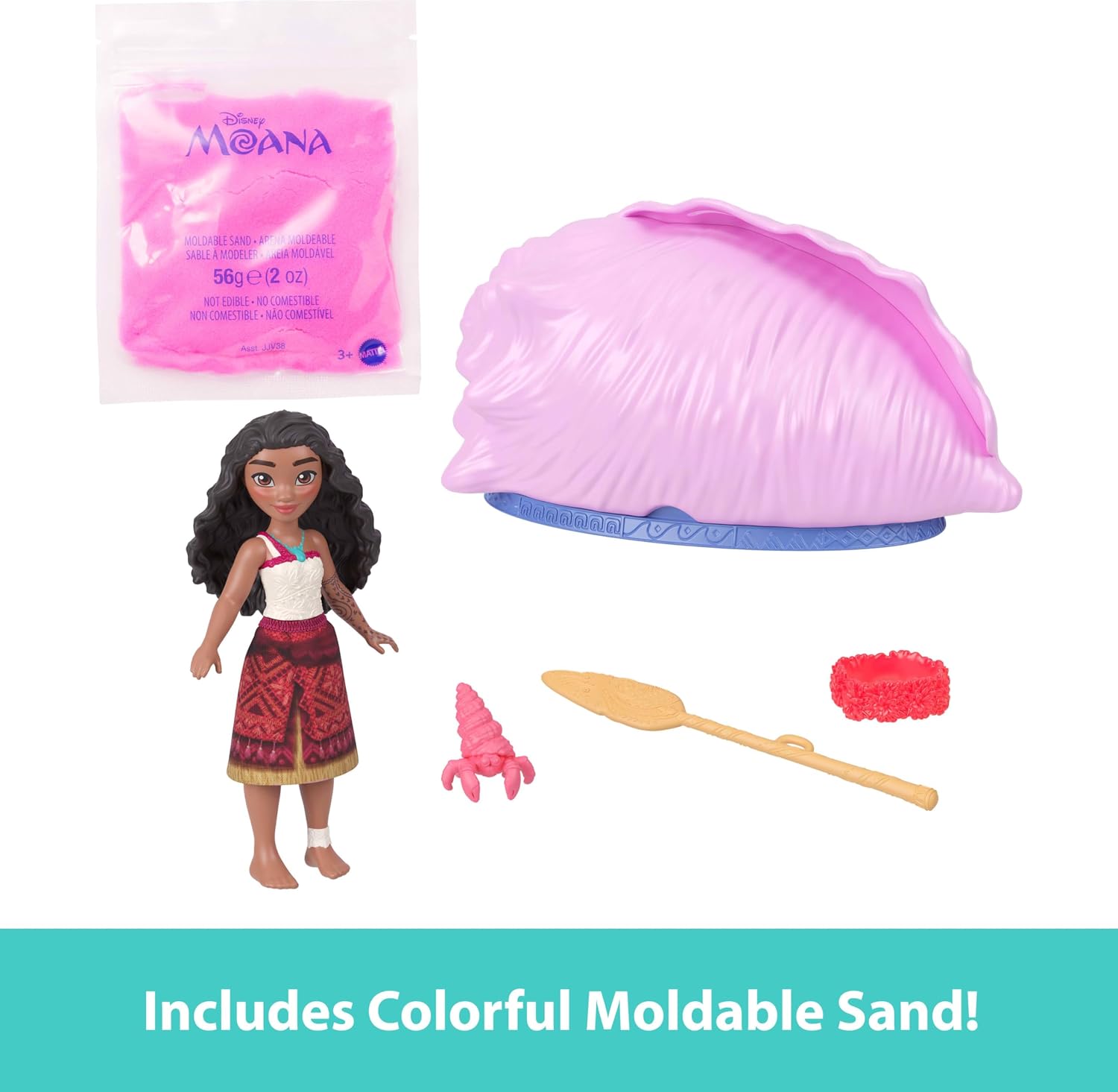 Detalle 2 de Mattel Disney Moana Ocean Shell Reveal Surprise Playset (Small Doll or Animal Figures) with Moldable Sand