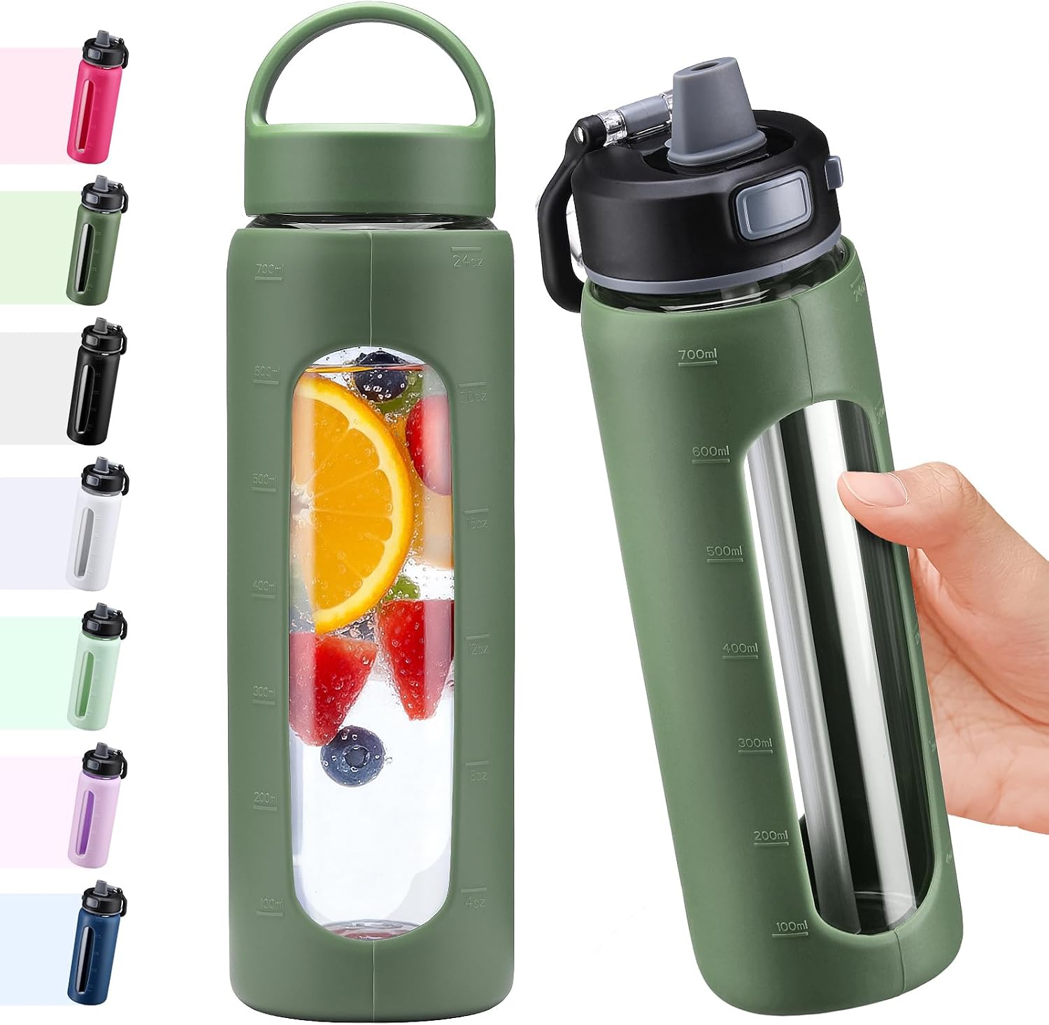 Detalle de BLUEGO 700ml borosilicate glass water bottle with 2 lids and silicone sleeve (BPA-free, olive)