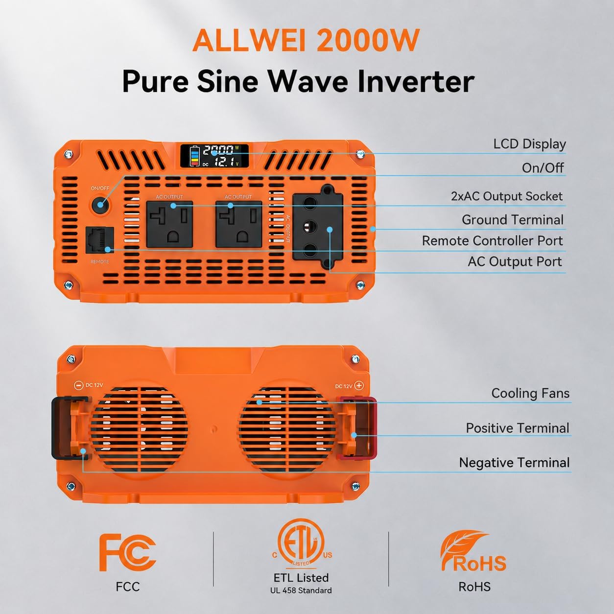 Detalle de ALLWEI 2000W Pure Sine Wave Inverter: 12V DC to 120V AC, 4000W Surge, Remote Control