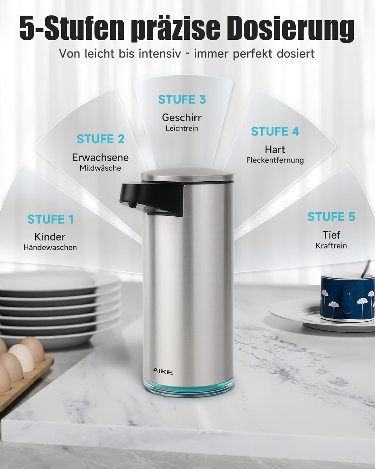 Detalle de AIKE SensePro automatischer Seifenspender aus Edelstahl (380 ml), berührungslos mit USB-C-Laden