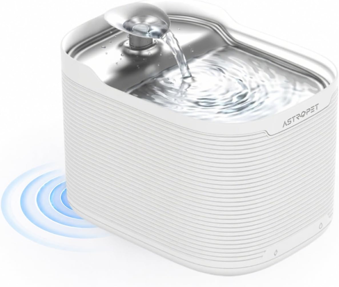AstroPet 2,5L Katzenbrunnen Kabellos mit Bewegungsmelder – Edelstahl, 5200 mAh Akku, leise & filtertiges Trinkbrunnen-System